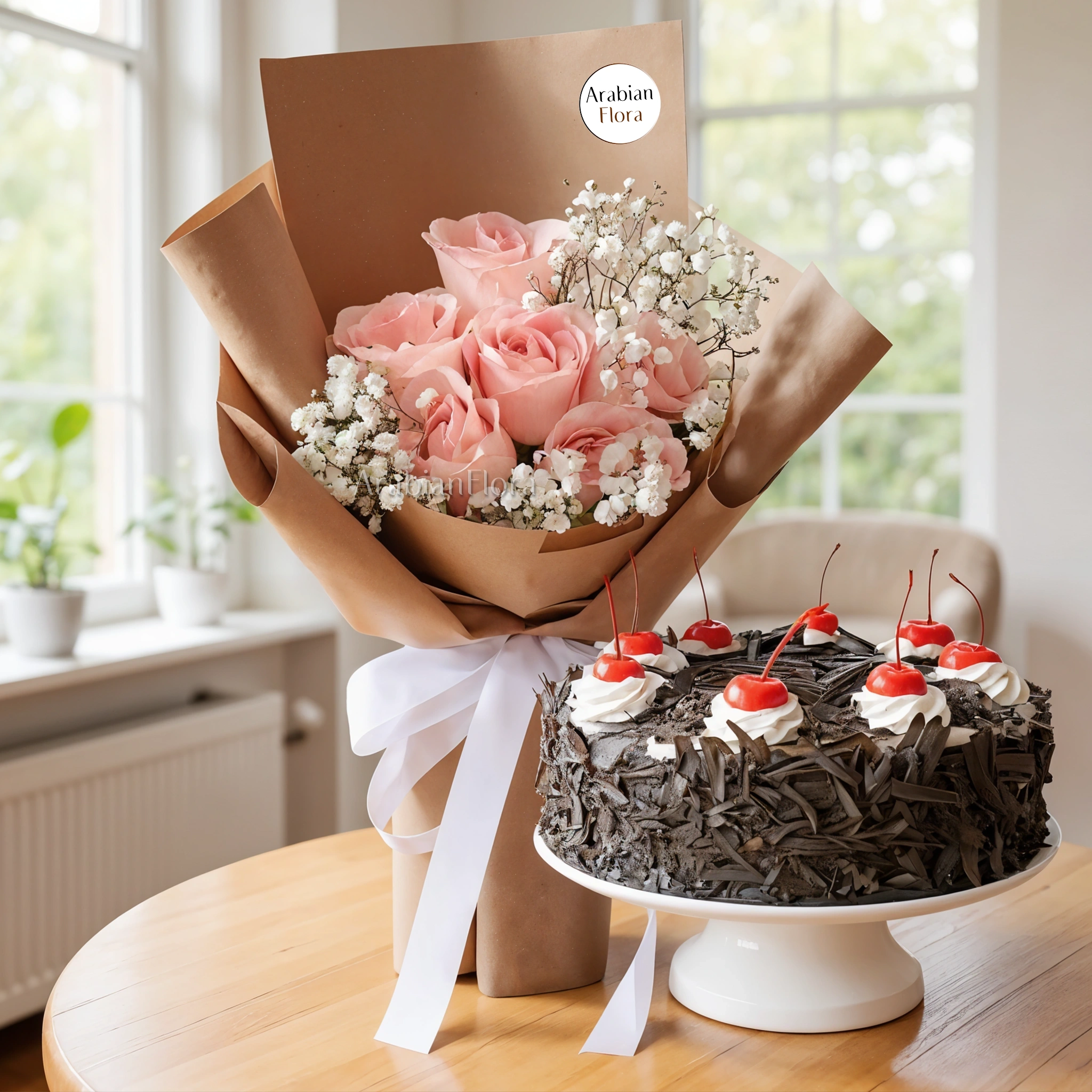 Bouquet of 6 pink roses with baby's breath fillers in nice wrapping and 1 kg black forest cake.