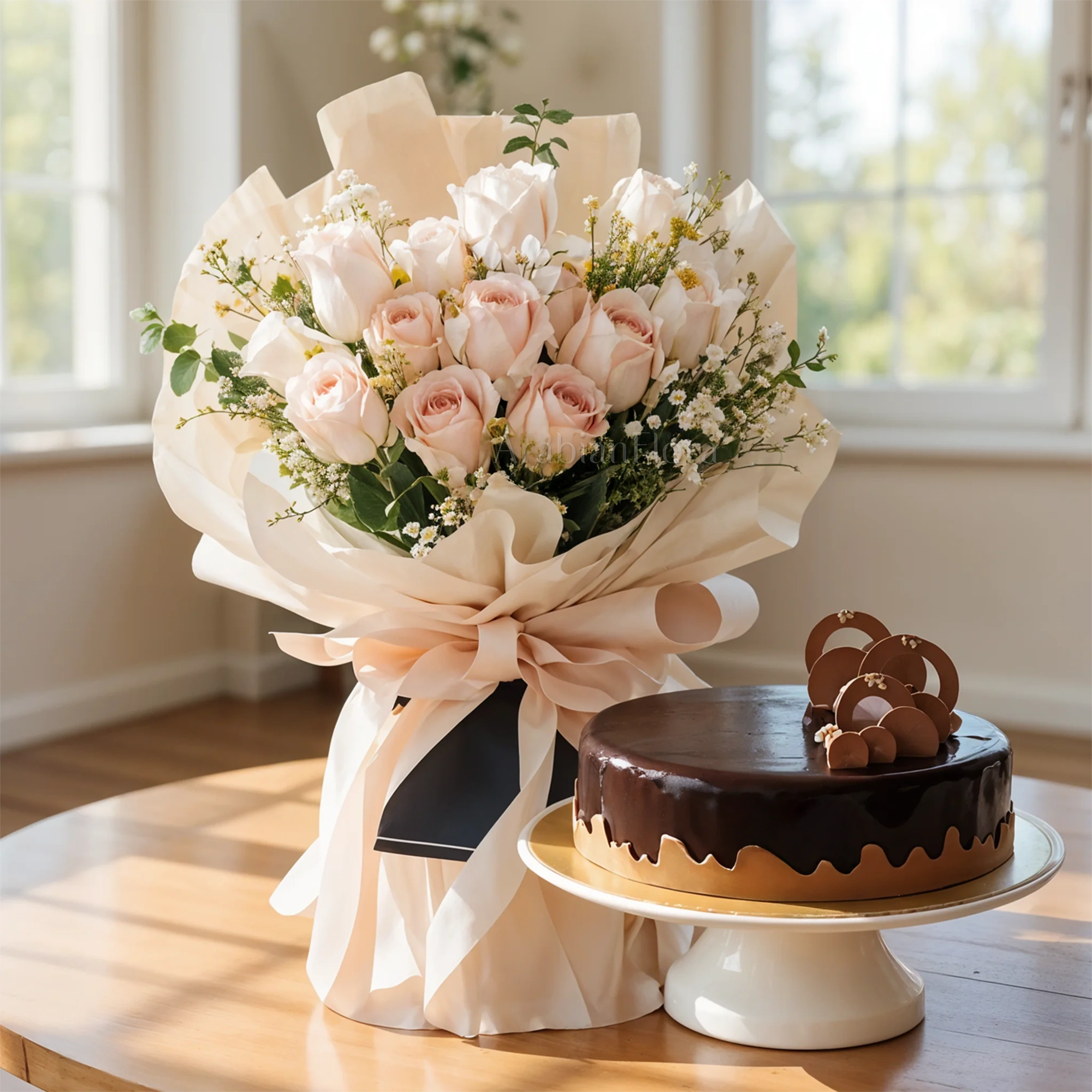 12 stems of pink roses with 1 Kg Chocolate Cake.