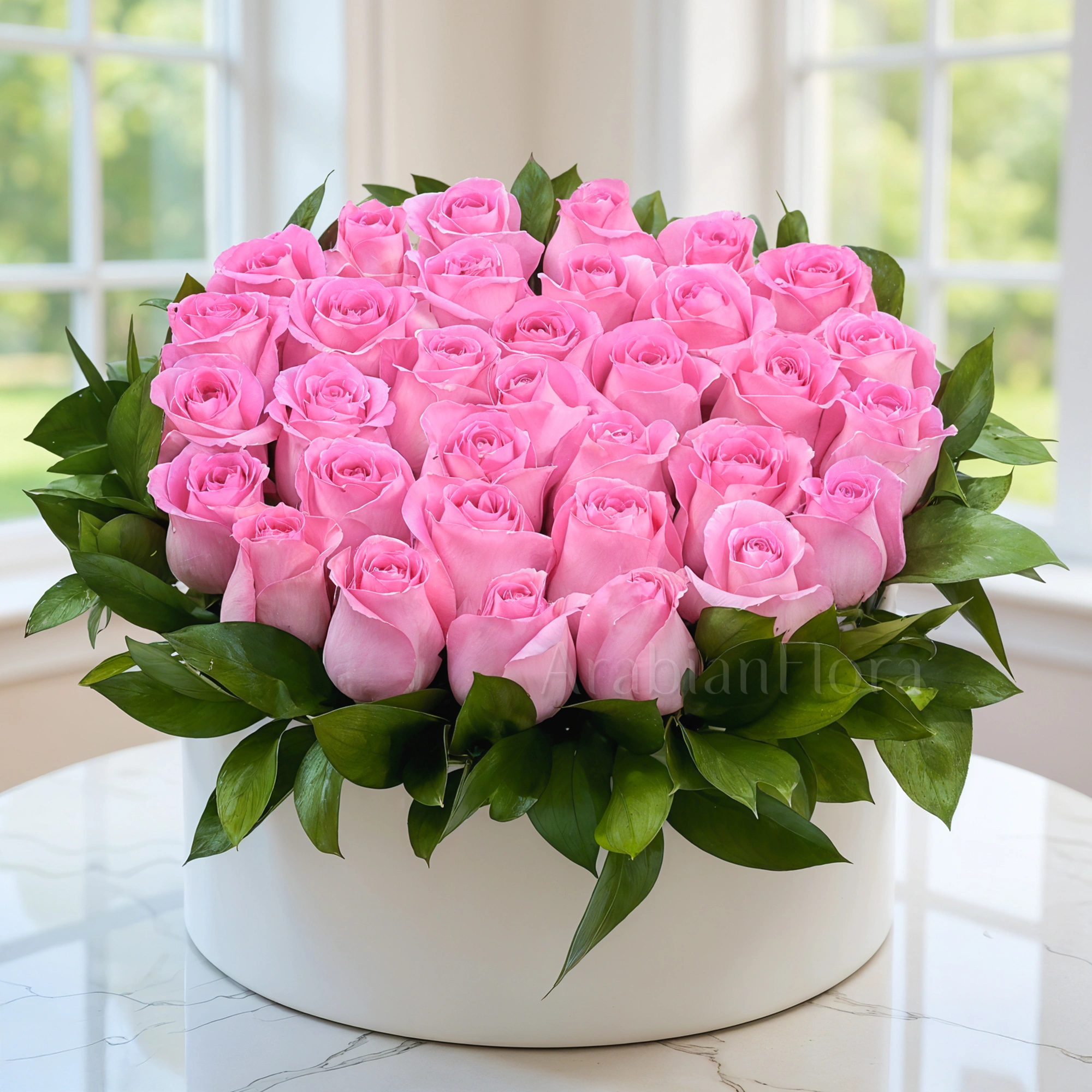 30 stems of pink roses with fillers in a white round box.