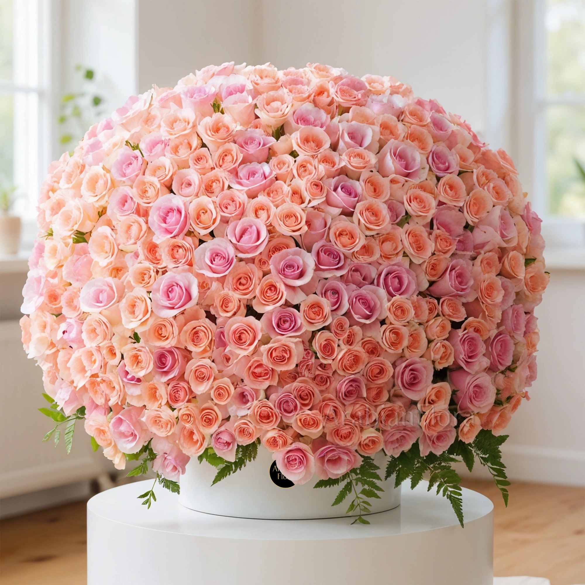 Round Arrangement of 300 pink roses with fillers in the box