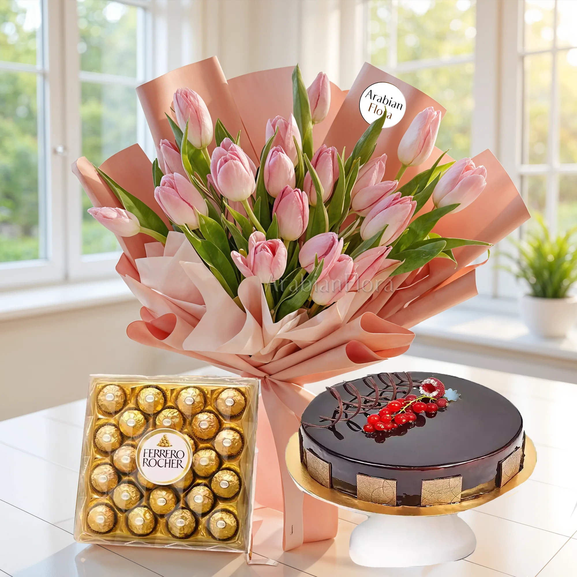 24 pcs of ferrero rocher chocolate, 1 kg chocolate cake, Bouquet of Pink Tulips