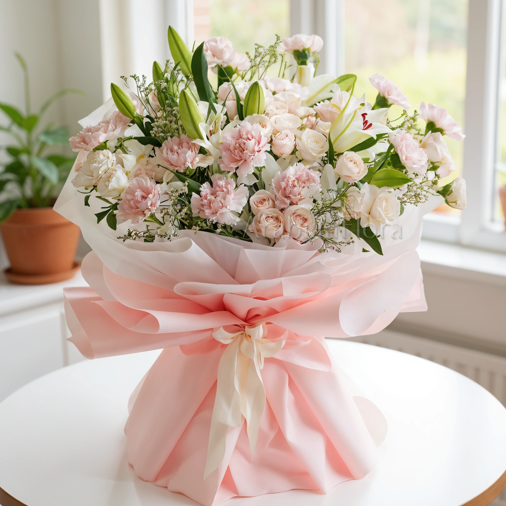 Bouquet of, white lilies, pink carnations, pink spray roses with green fillers wrapped in paper packing and tied with ribbons.