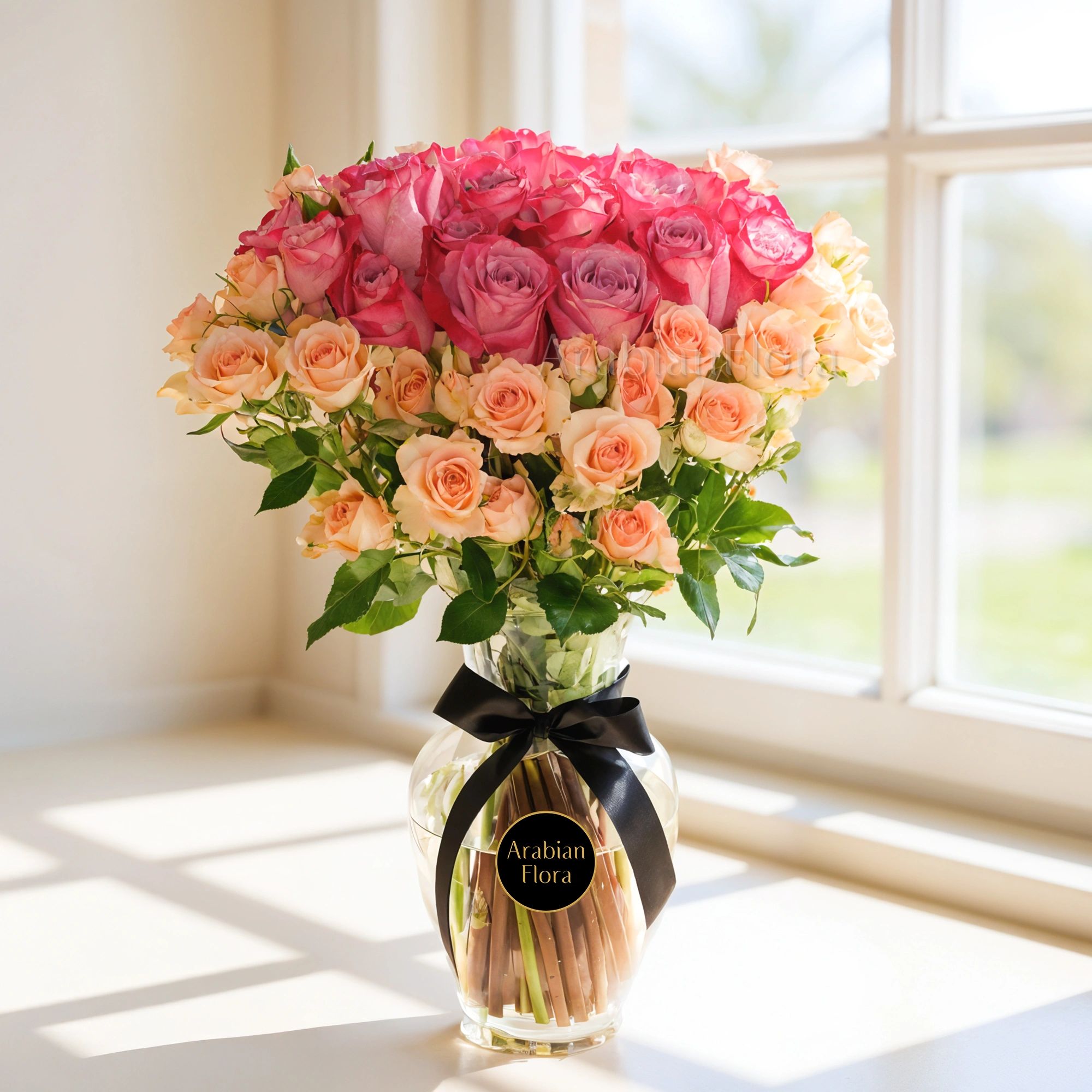 purple roses, peach spray roses, glass vase