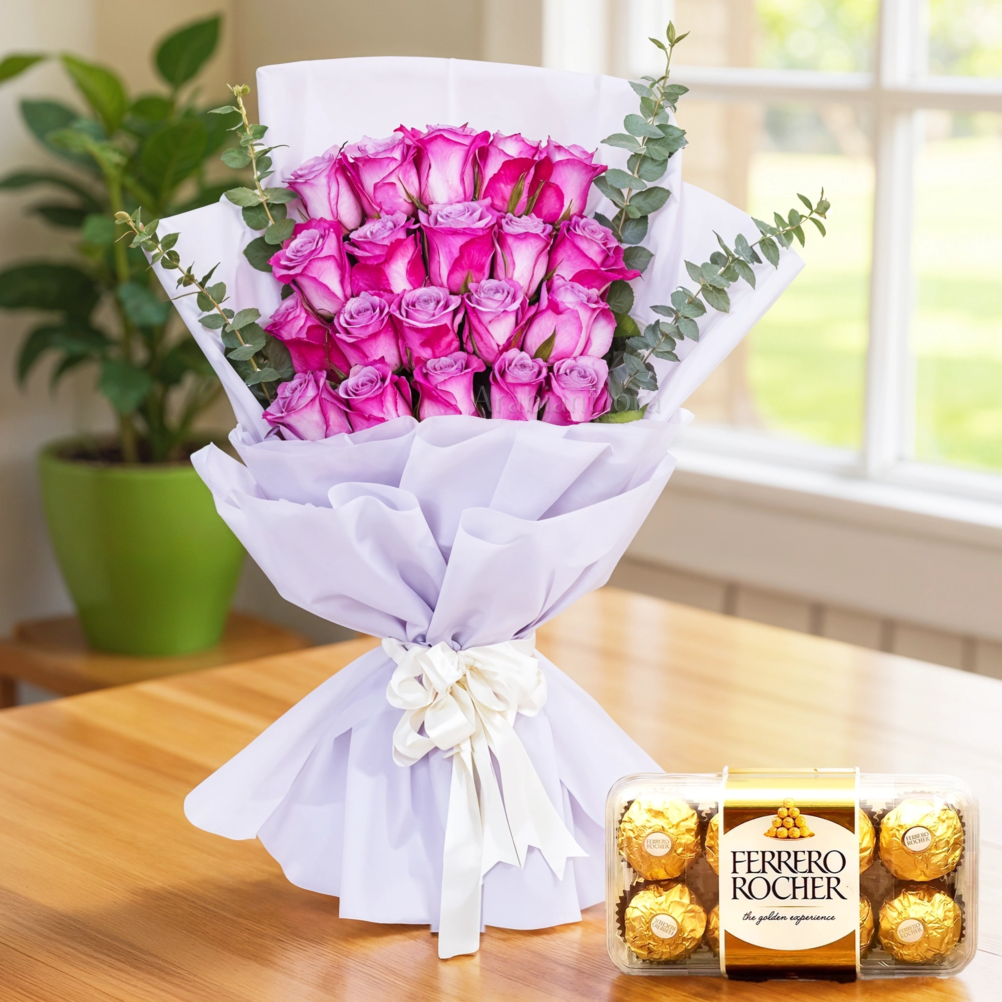 Bouquet of 20 purple roses & 16 pcs of ferrero rocher chocolate.