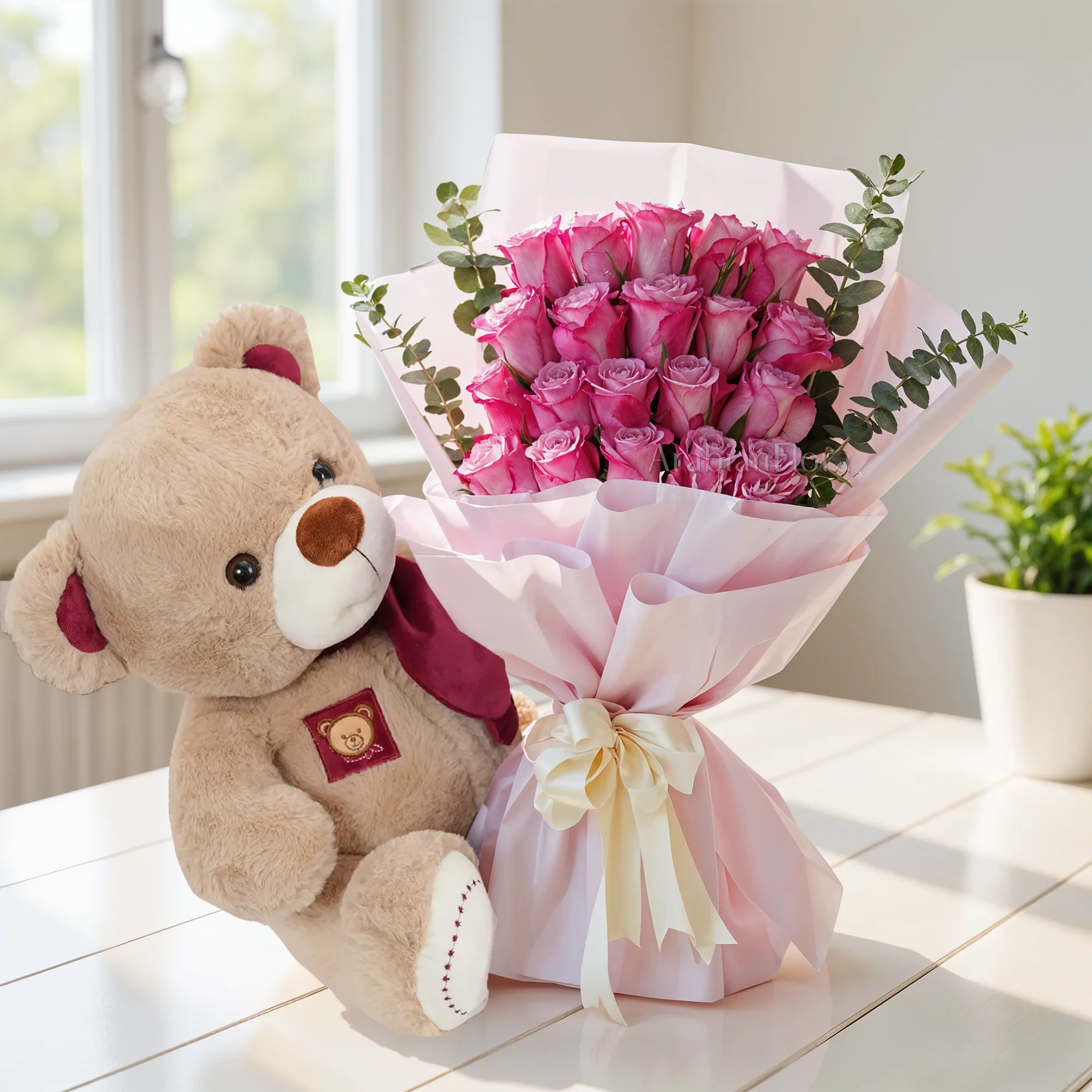 Bouquet of 20 purple roses with small teddy bear