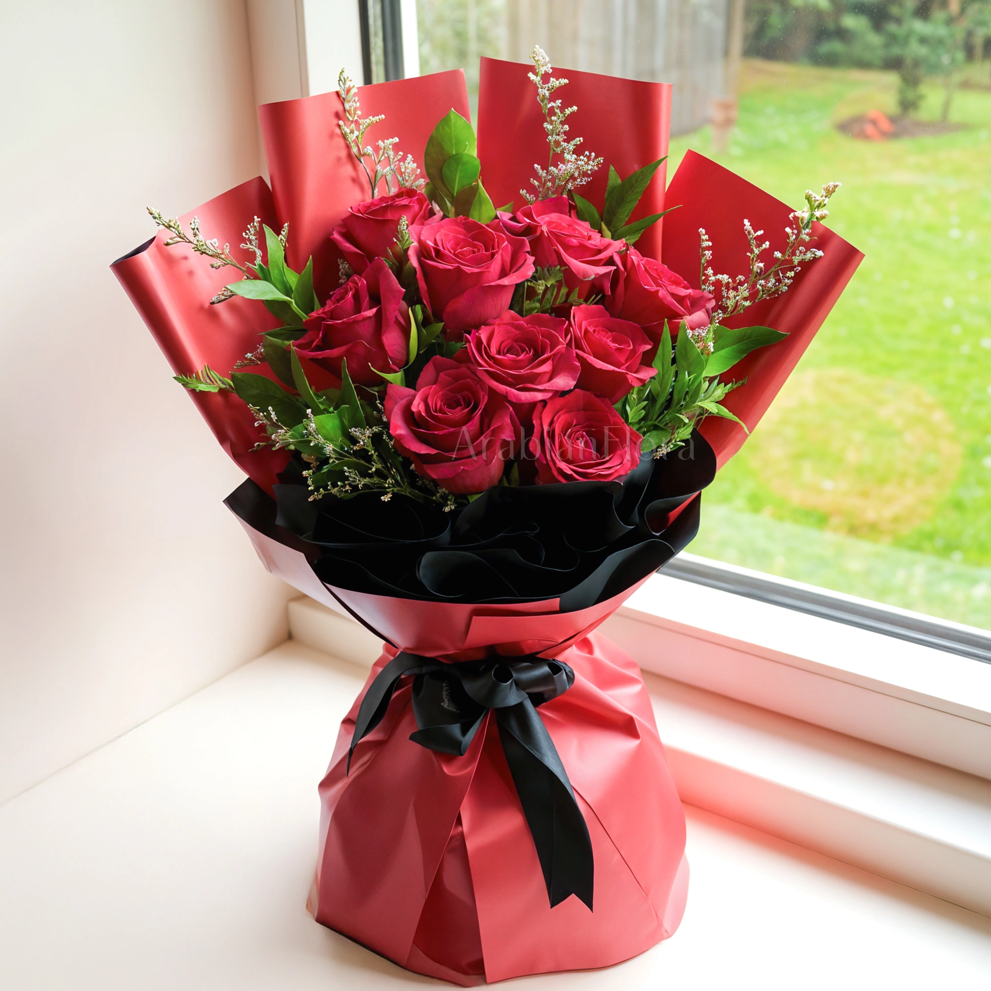 red roses, black ribbon, Bouquet of  red roses
