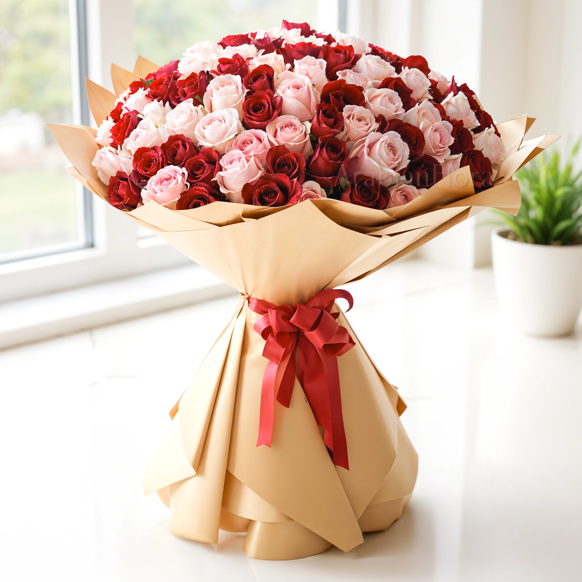 Bouquet of 100 red and pink roses with fillers in brown wrapping paper and tied with ribbons.