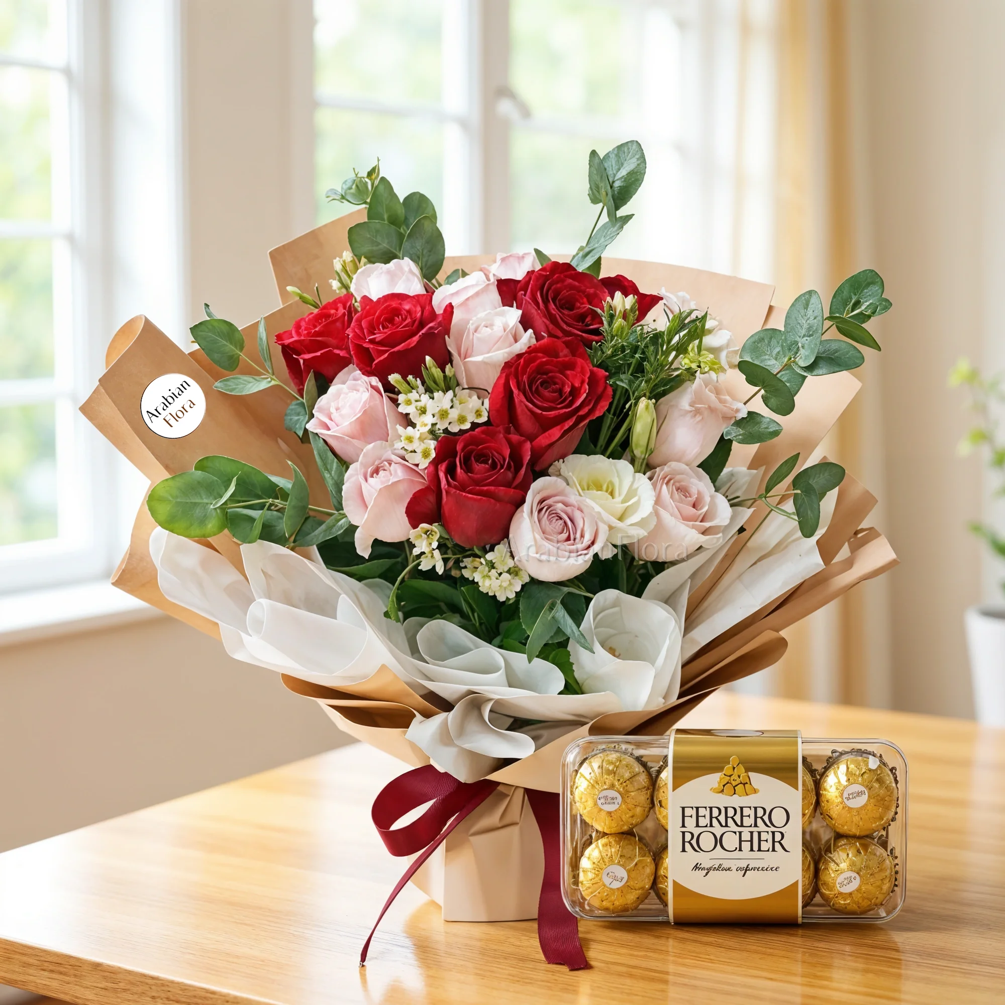 Bouquet of 6 stems of pink roses and 6 stems of red roses with green fillers in nice wrapping along with a box of 16 Pcs Ferrero Rocher Chocolate.