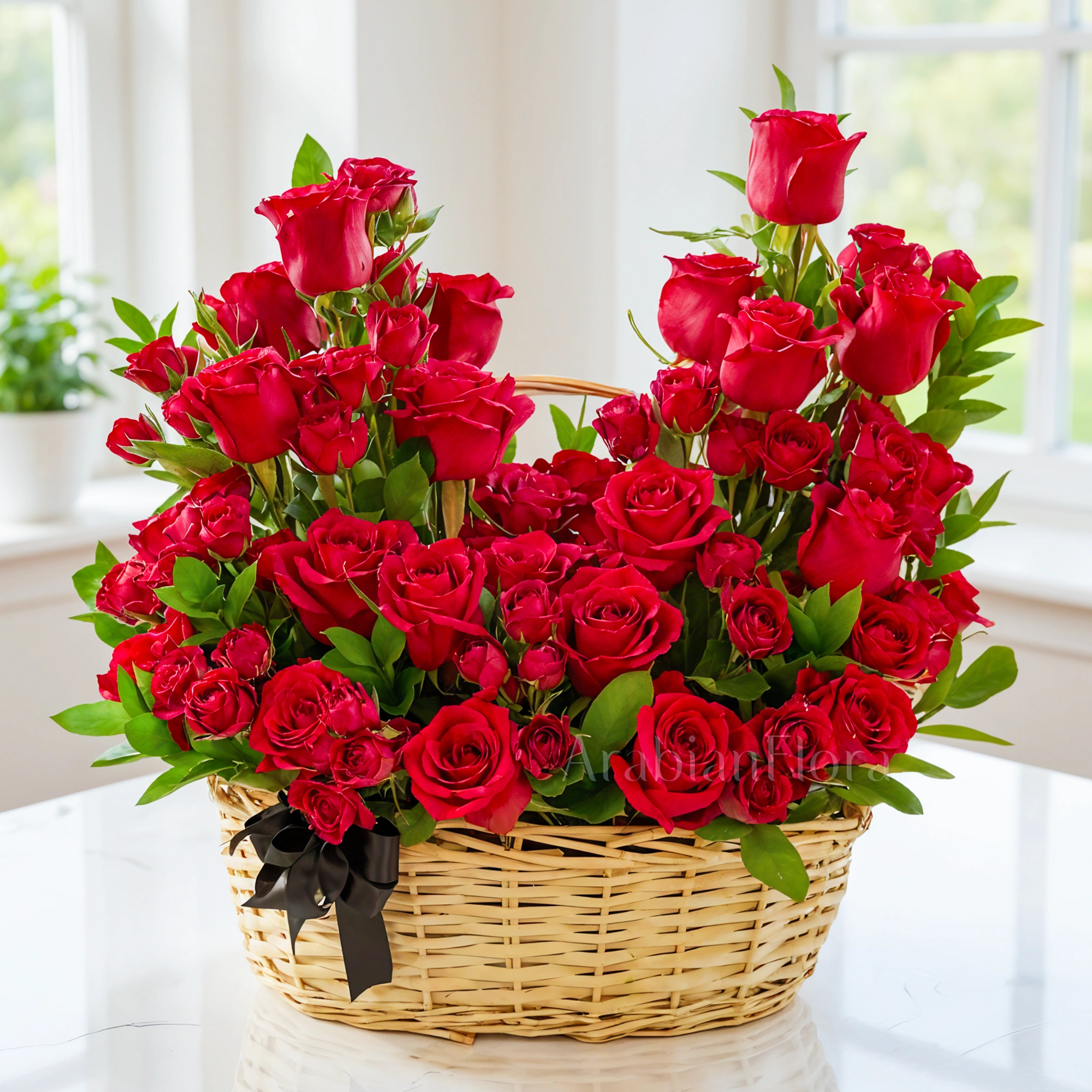 An arrangement of 20 red roses and 5 red spray roses with green fillers in a basket.