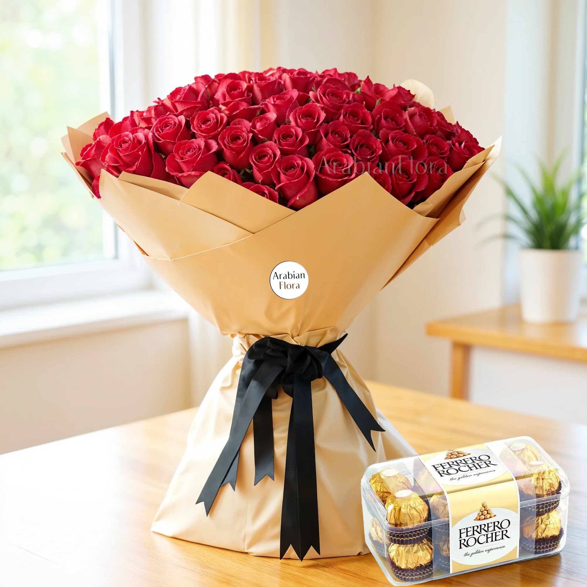 Bouquet of 100 red roses wrapped in brown paper packing and tied with ribbons and 16 pcs of Ferrero Rocher Chocolate box.