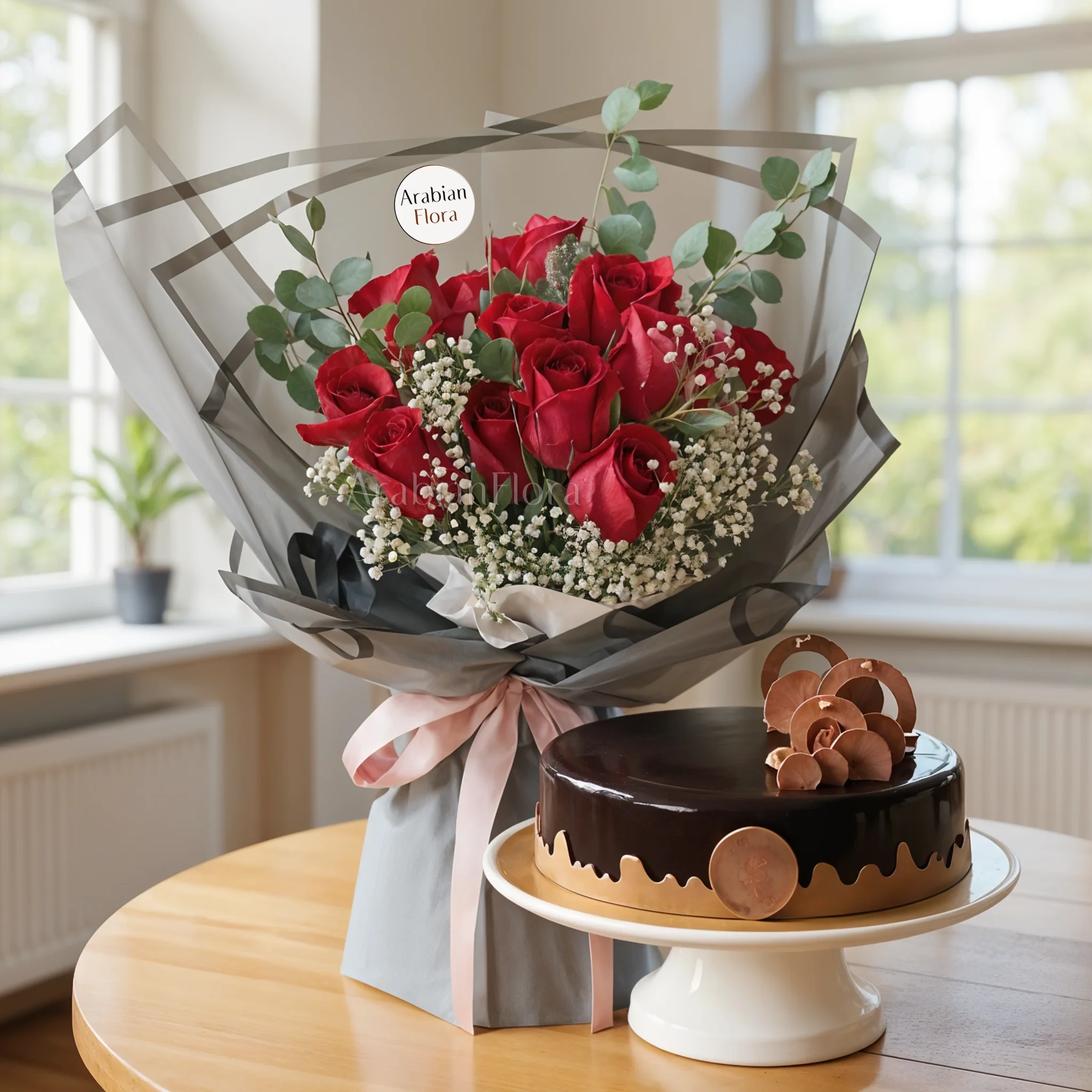 Bouquet of 12 red roses with 1 Kg Chocolate Cake