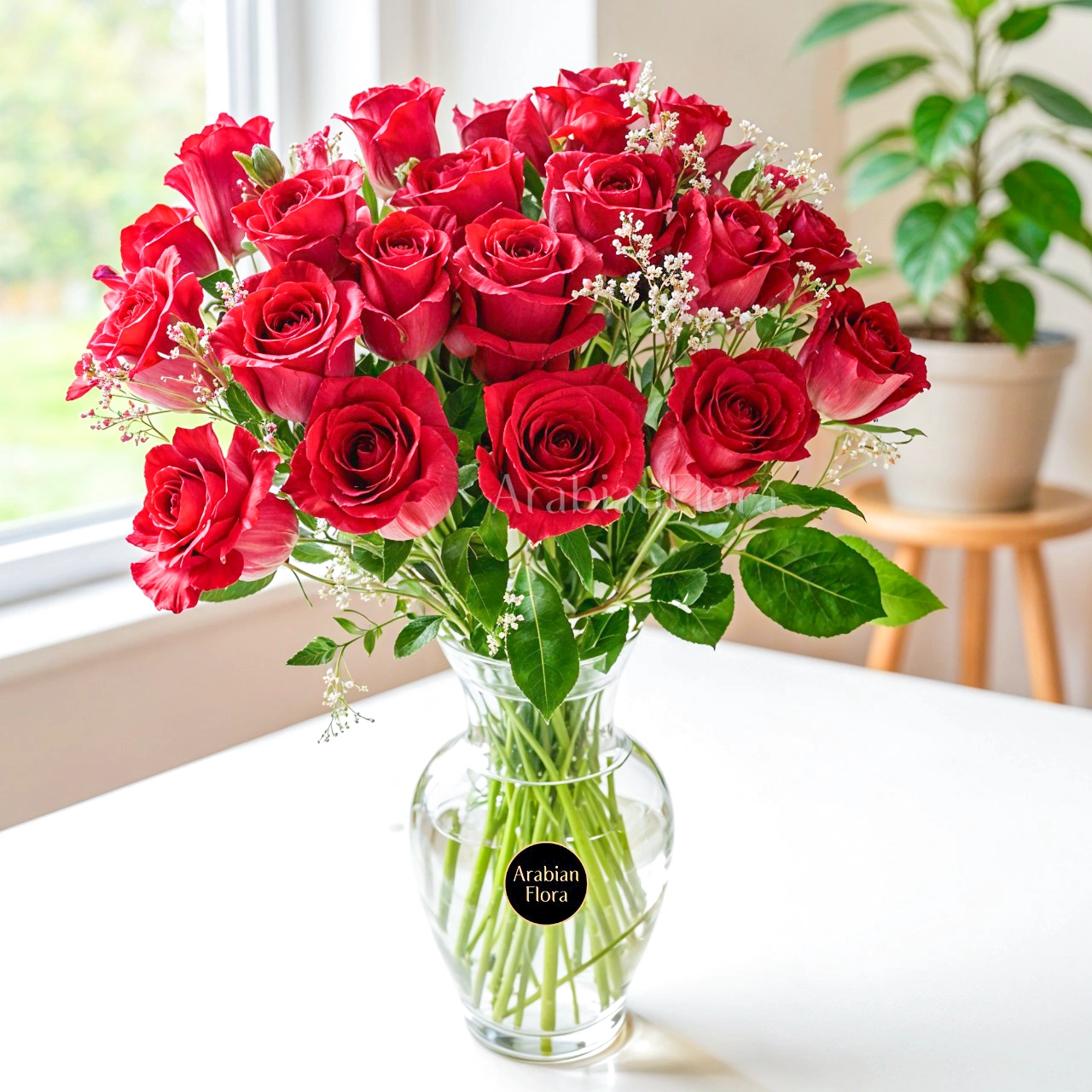 Vase with 20 Stems of Red Roses with Greens