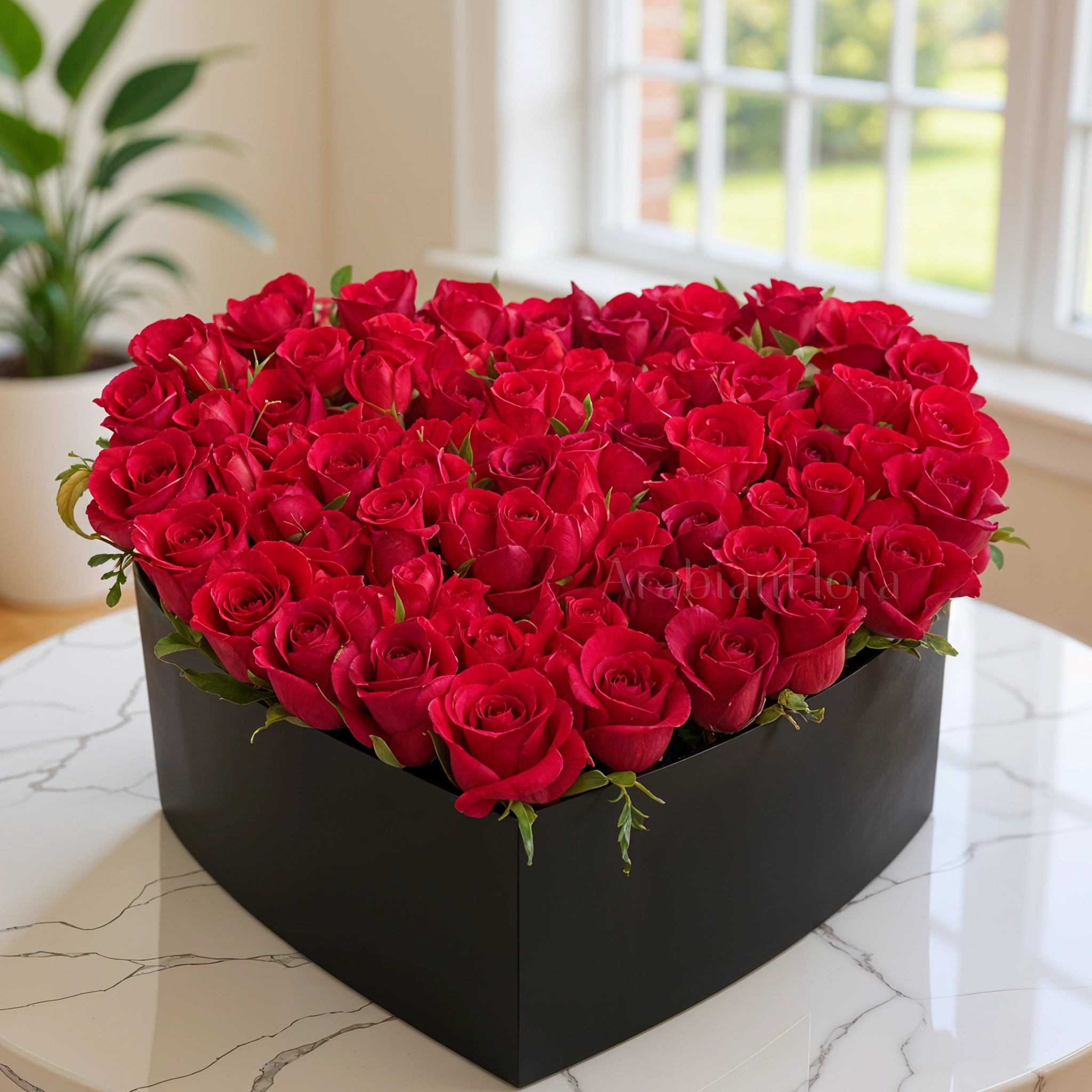 25 red roses and 7 stems of spray roses nicely arranged in a black heart-shaped box.
