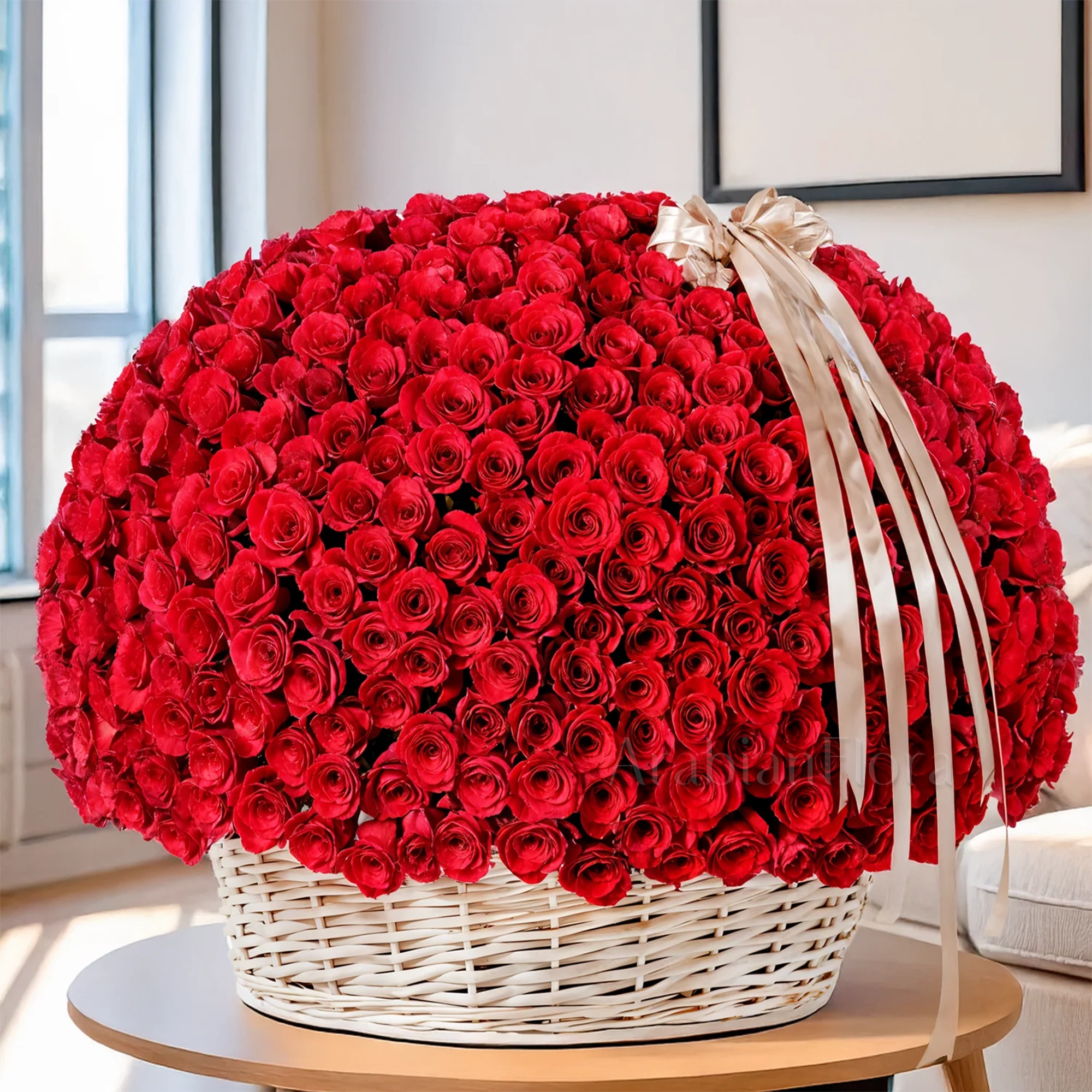500 red roses in a basket.