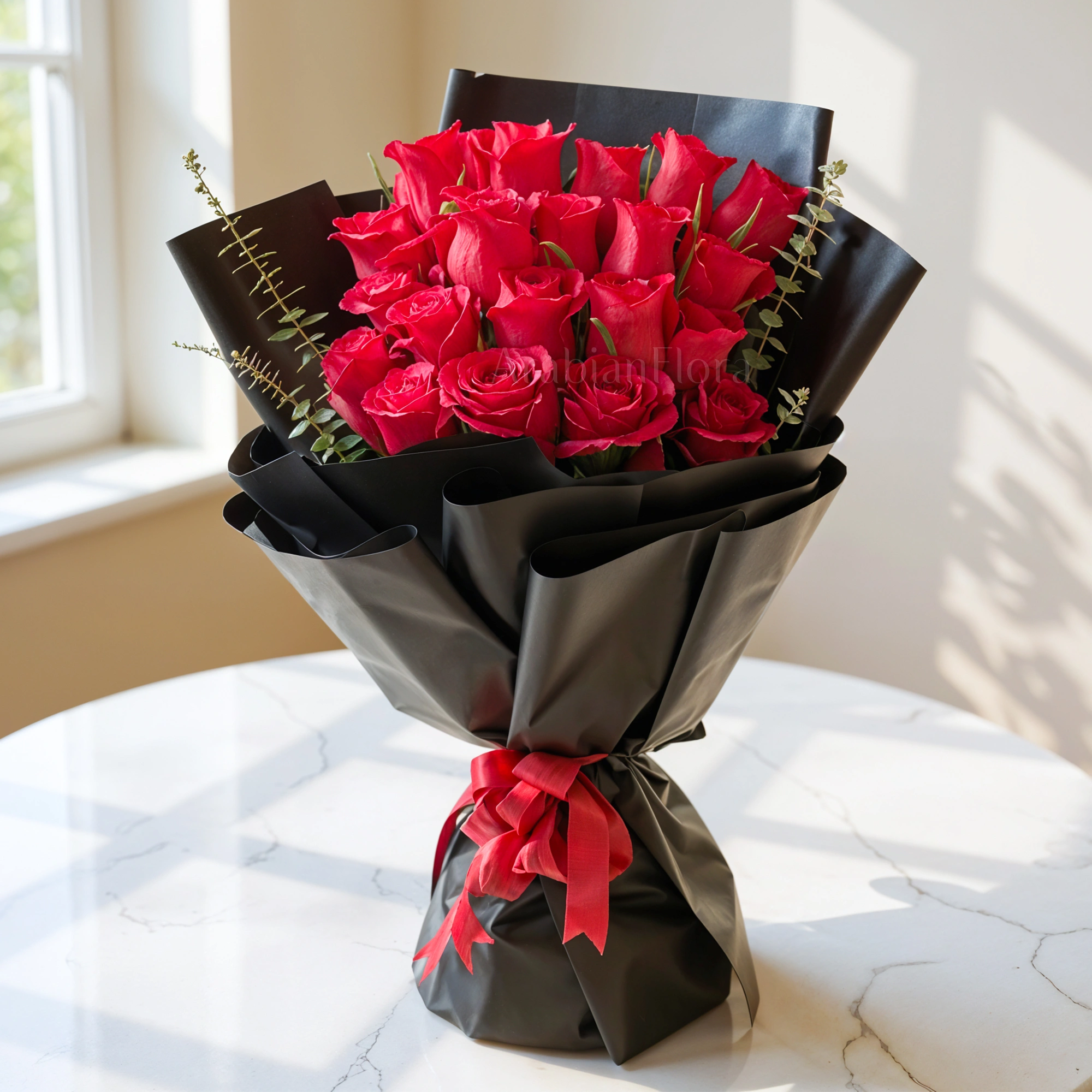 Bouquet of 20 red roses with green and eucalyptus leaf in black paper packing and tied with red ribbons.