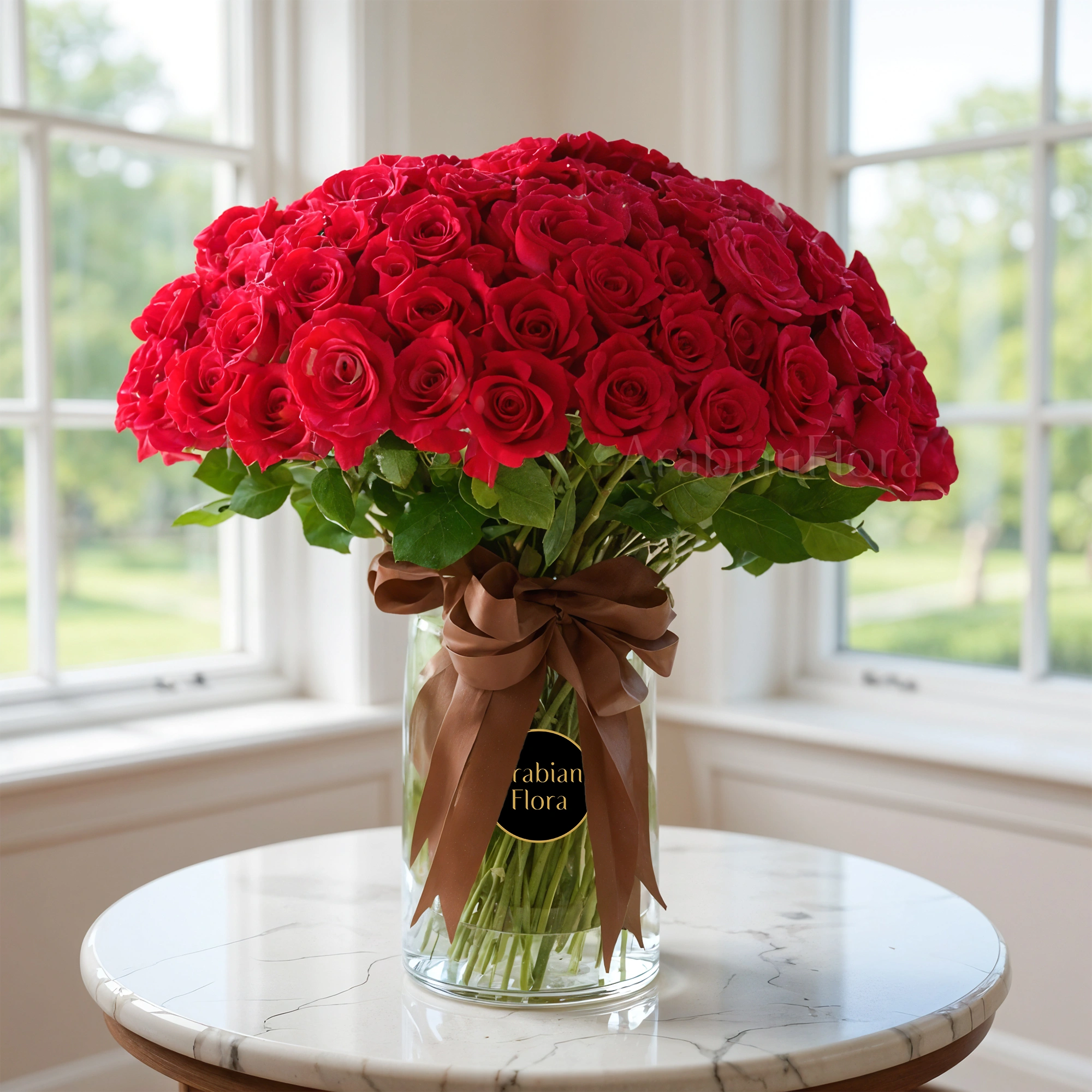 100 stems of red roses with green fillers in a glass vase beautifully tied with ribbons.