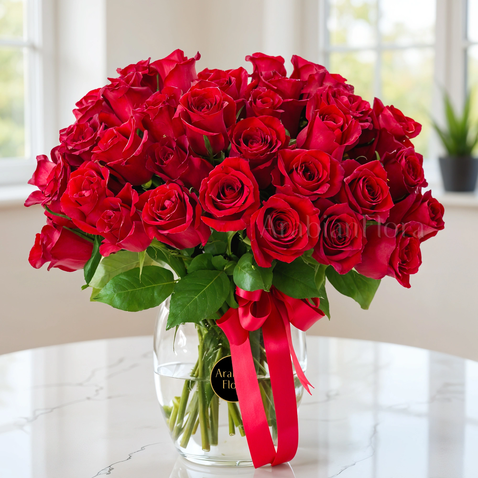 A vase arrangement of 40 red roses with green fillers and tied with red ribbons.