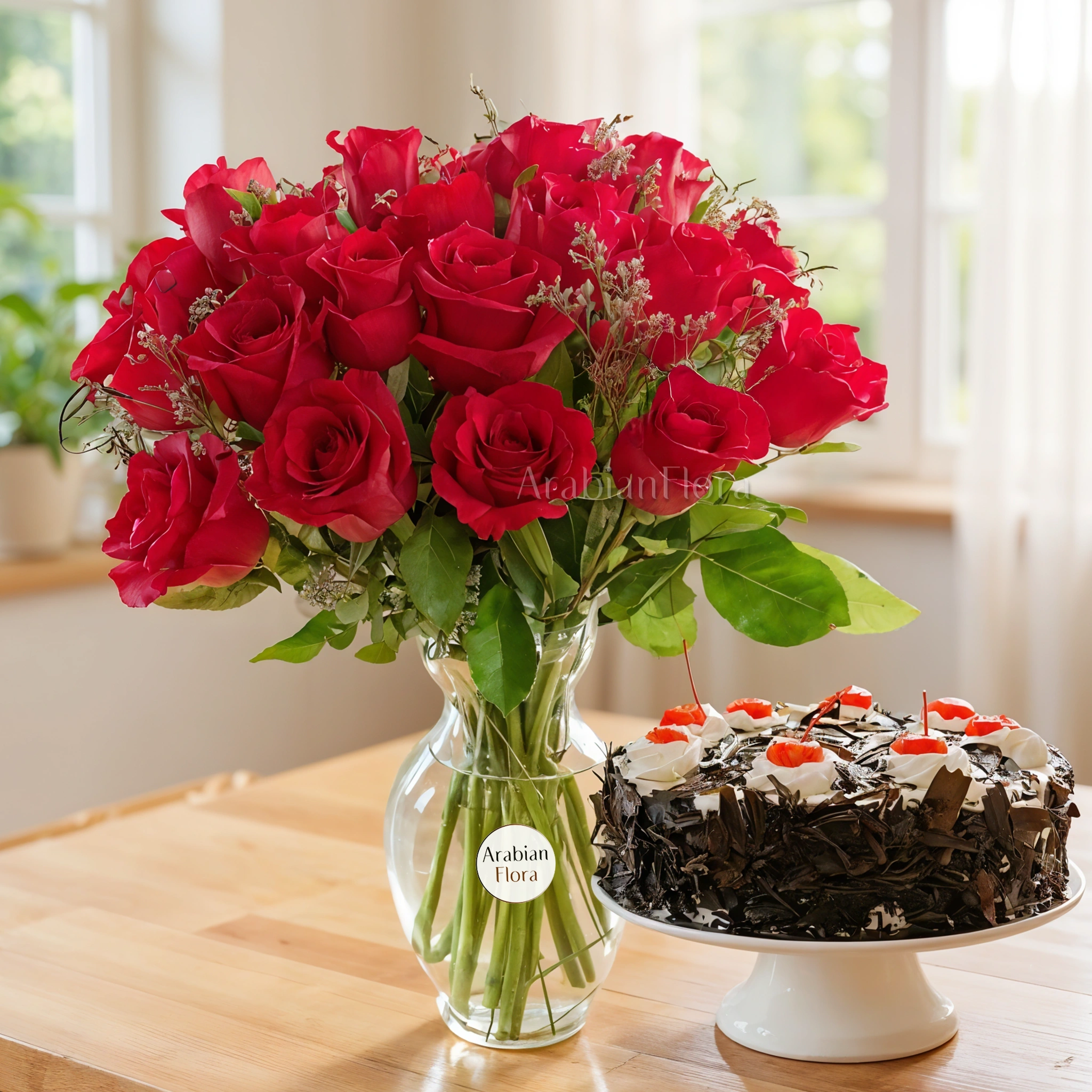 20 red roses with green fillers in a glass vase and 1 kg black forest cake.
