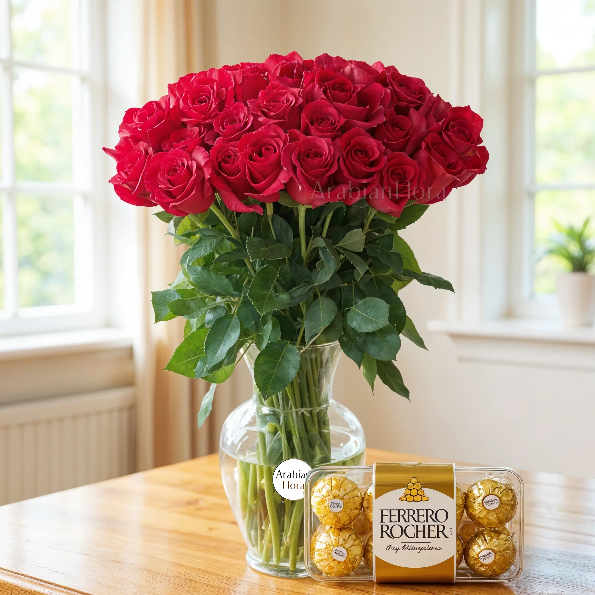 20 long stems of red roses with fillers in a glass vase along with 16 Pcs Ferrero Rocher
