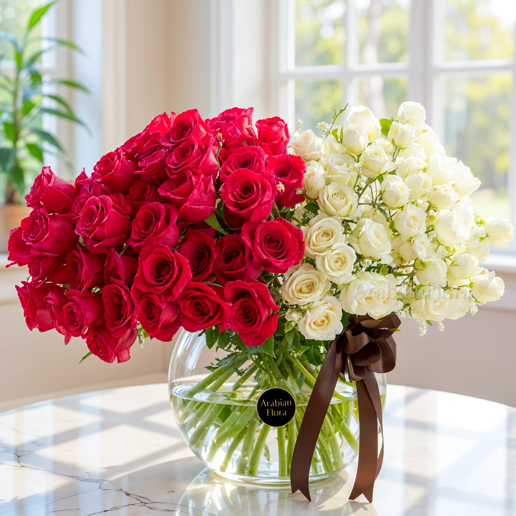 A vase arrangement of 40 red roses and 10 white spray roses with baby's breath and tied with brown ribbons.