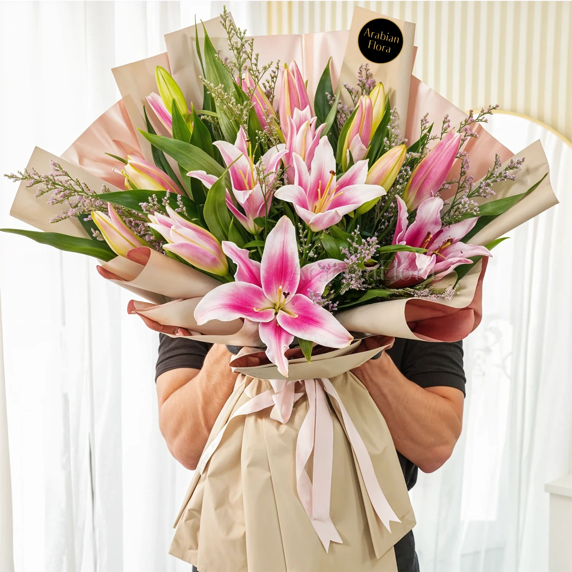 Bouquet of 5 Stems of Pink Lilies with green fillers in nice wrapping.