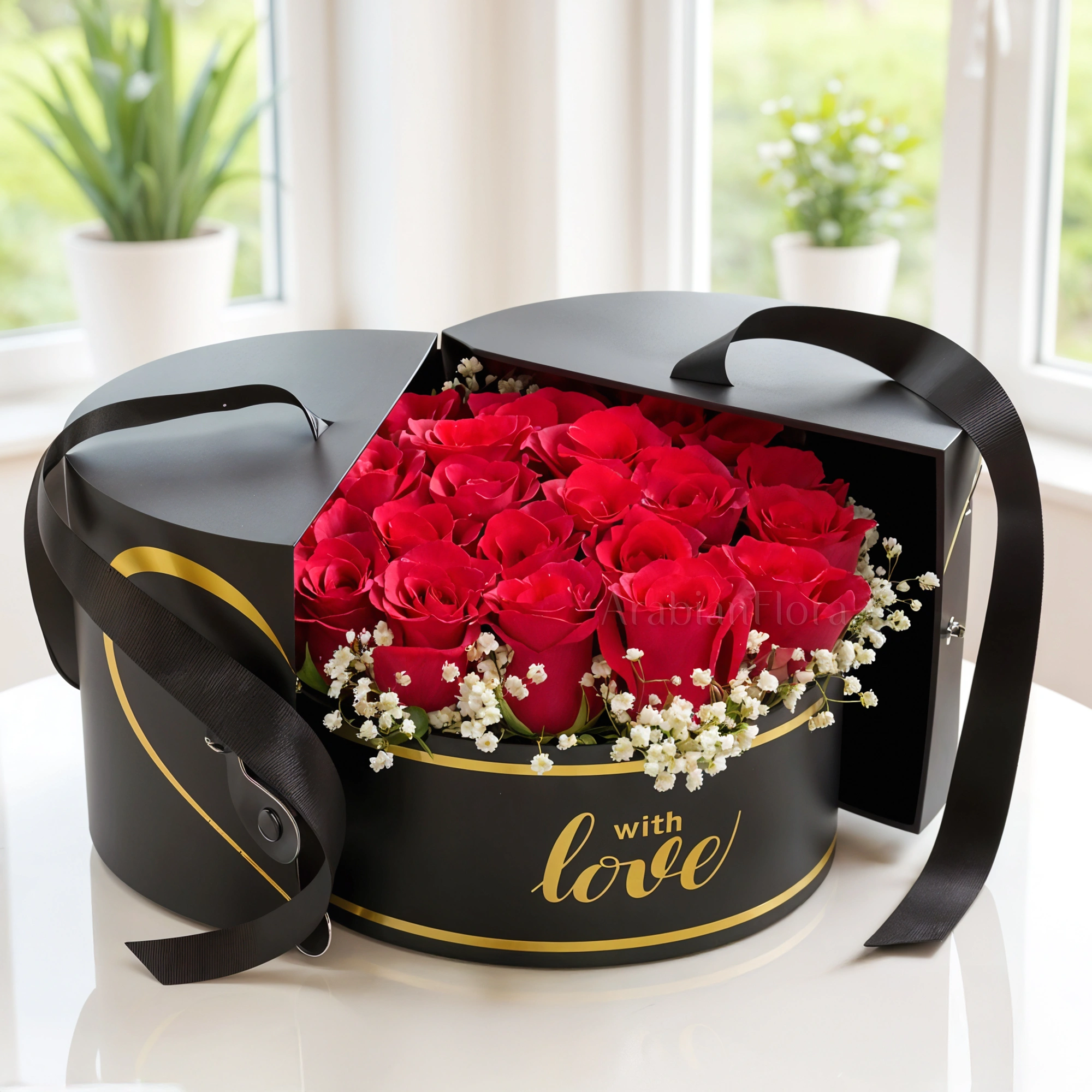 15 stems of red roses with baby's breath arranged in a black round box.