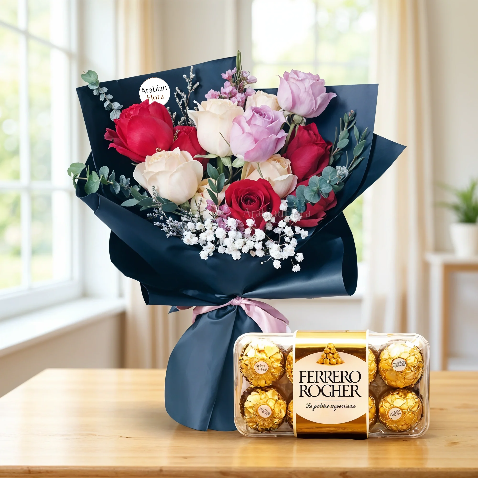Bouquet of 5 red roses, 5 peach roses, 2 purple roses & white baby breath in nice wrapping along with a box of 16 Pcs Ferrero Rocher
