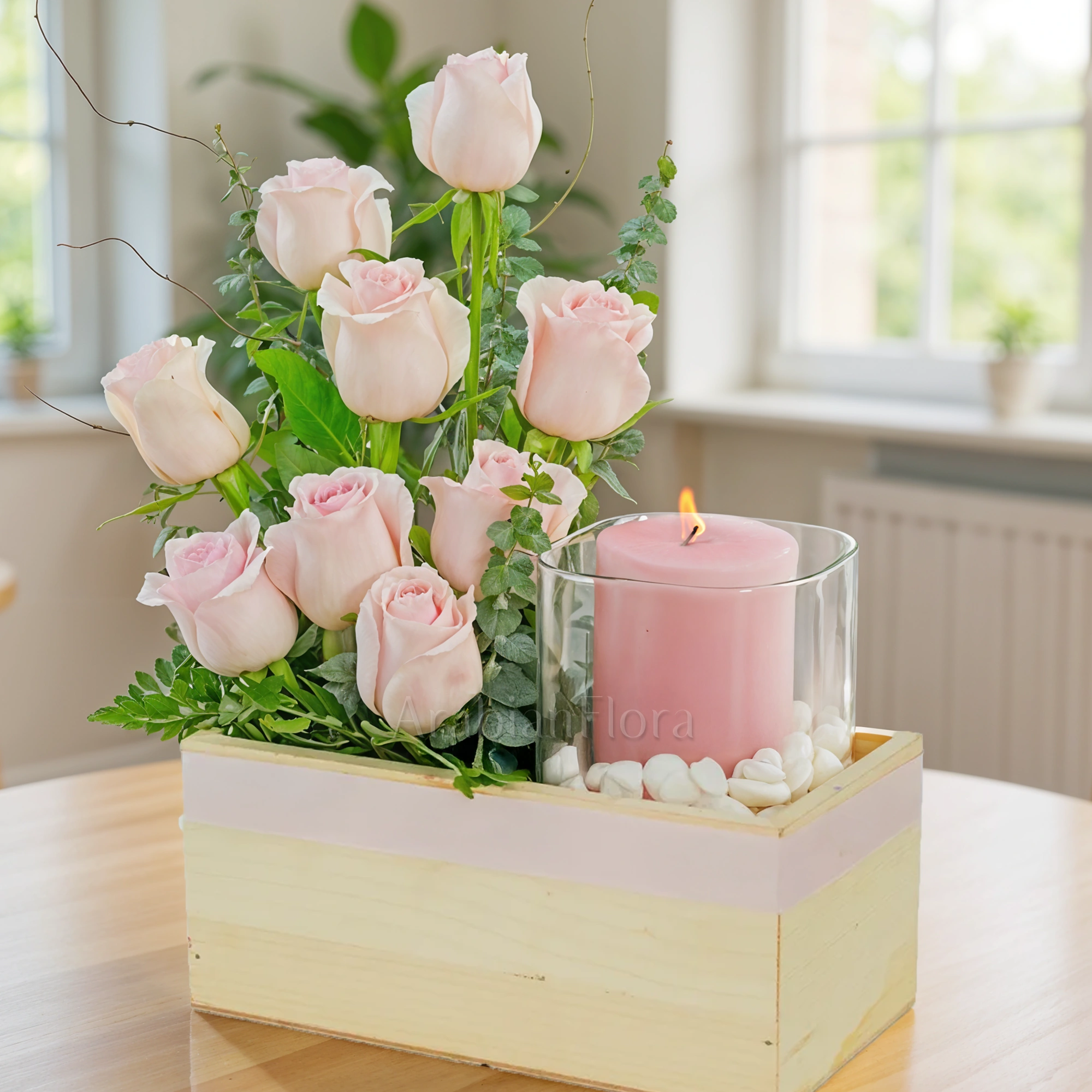 Roses & Candle in Wooden Box