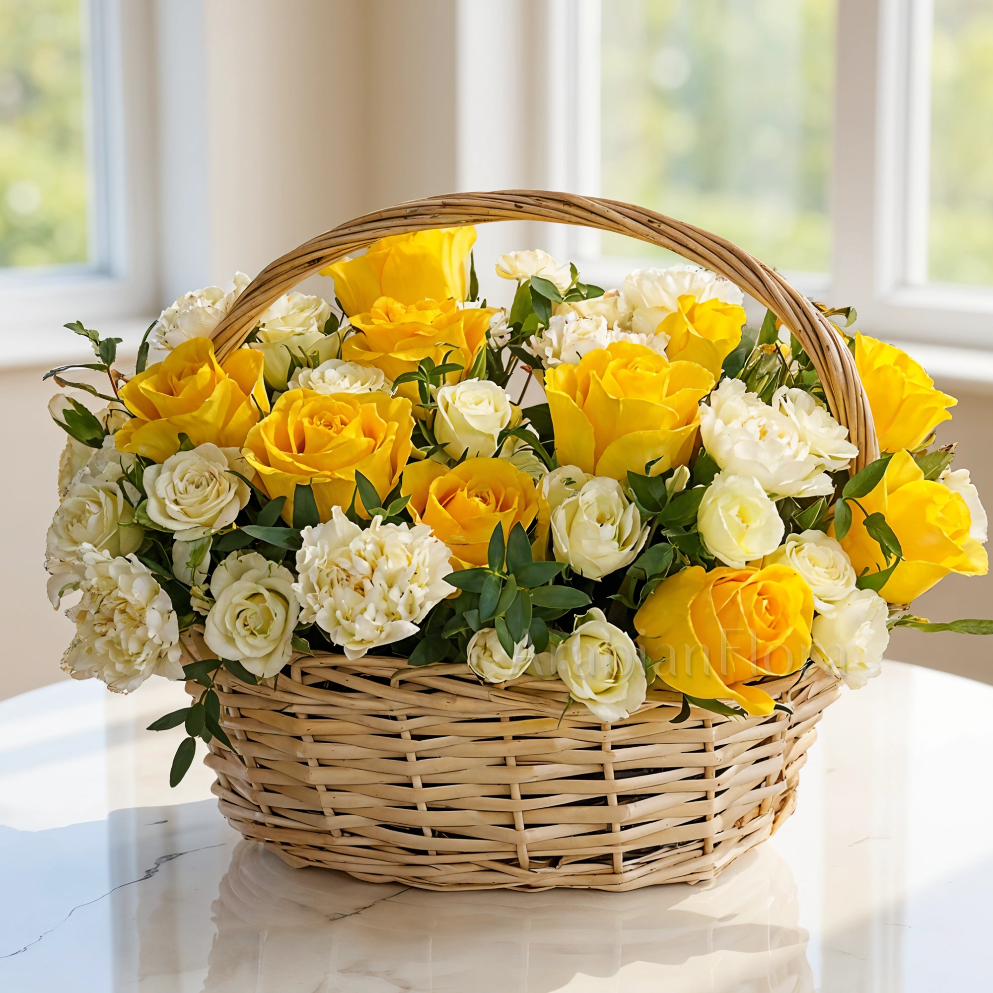 Arrangement of 10 yellow roses, 8 white carnations, 2 white spray roses with green fillers in a basket.