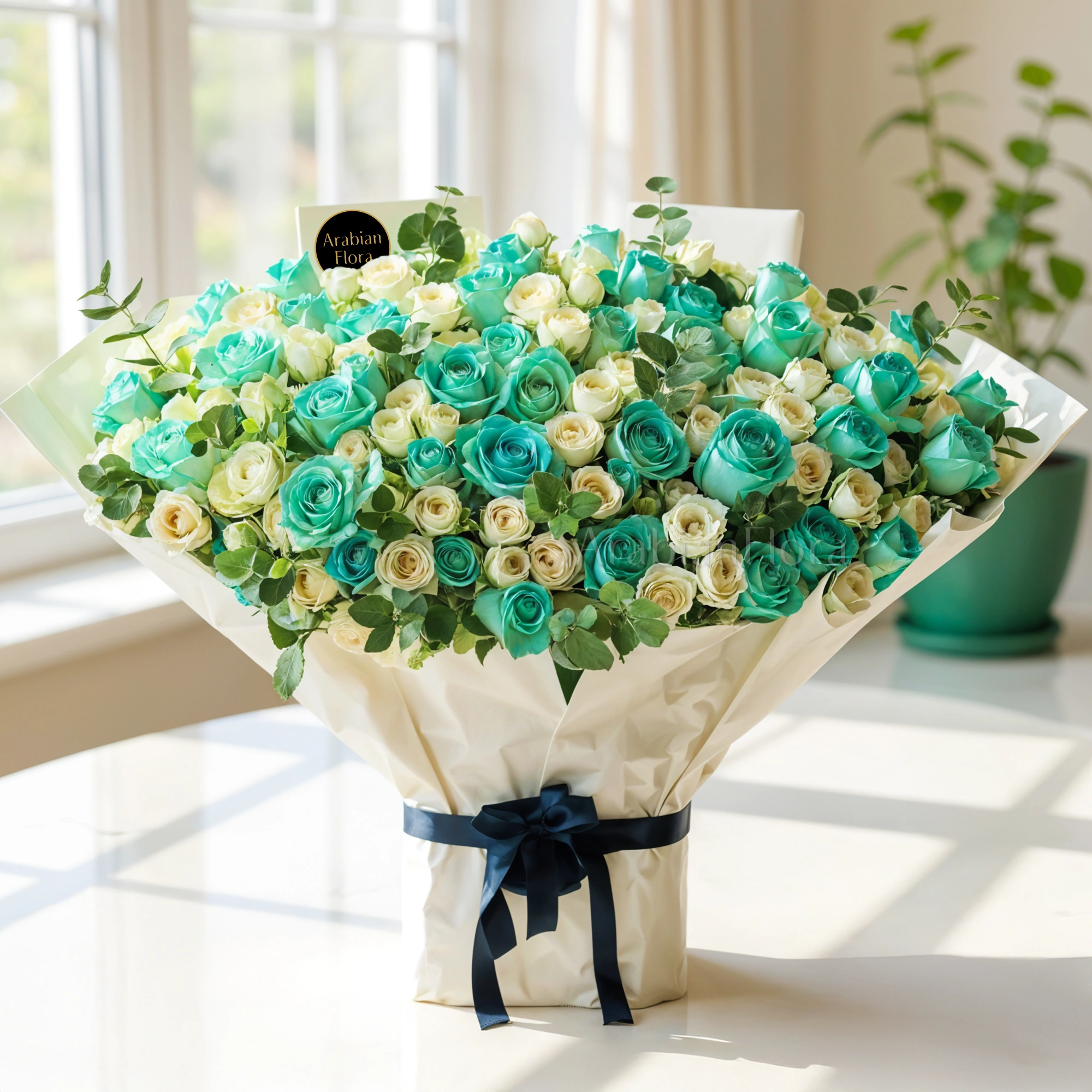 Bouquet of 20 white spray roses and 30 blue sprayed roses with green fillers tied with ribbons.