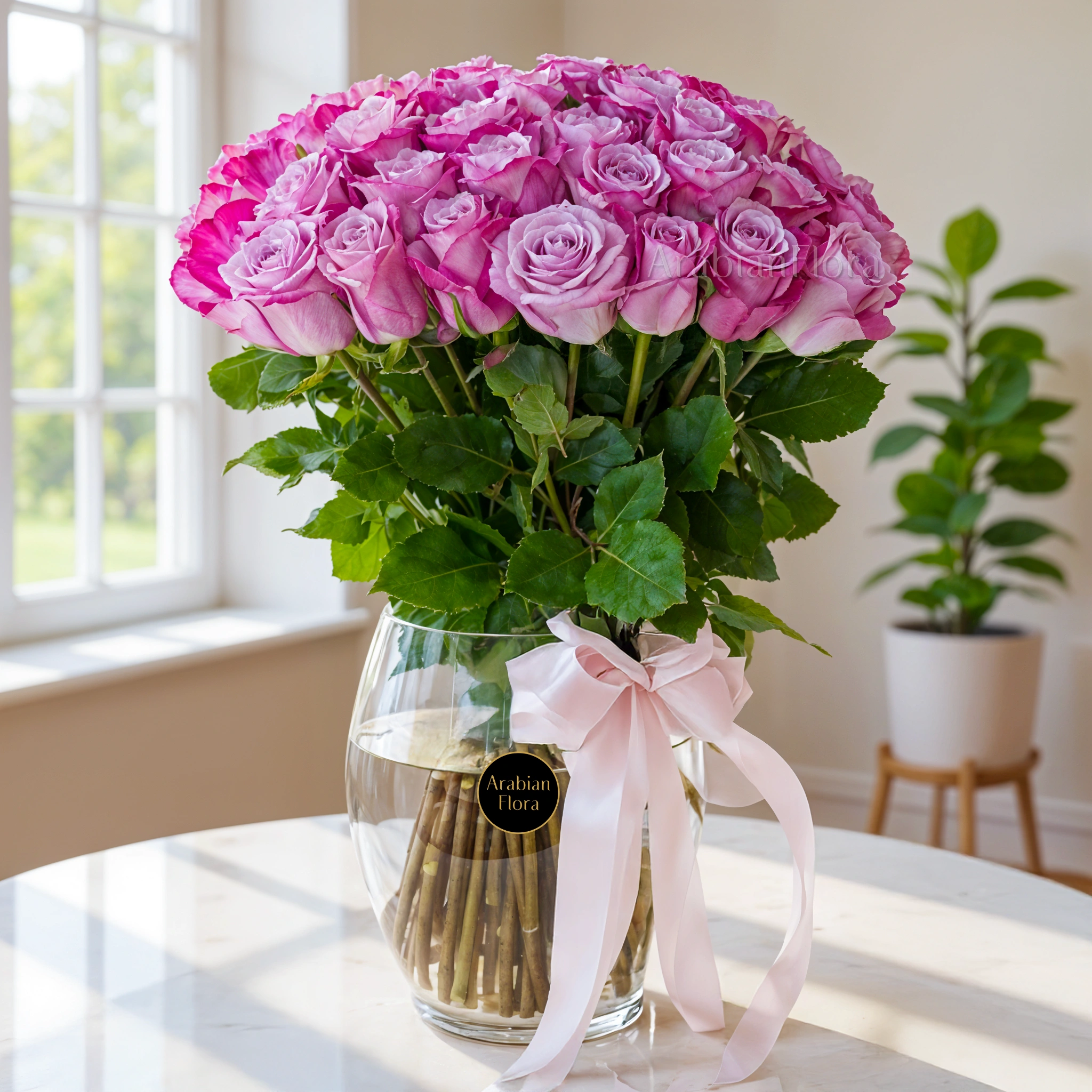 A vase arrangement of 40 purple roses with green filler and tied with pink ribbons.