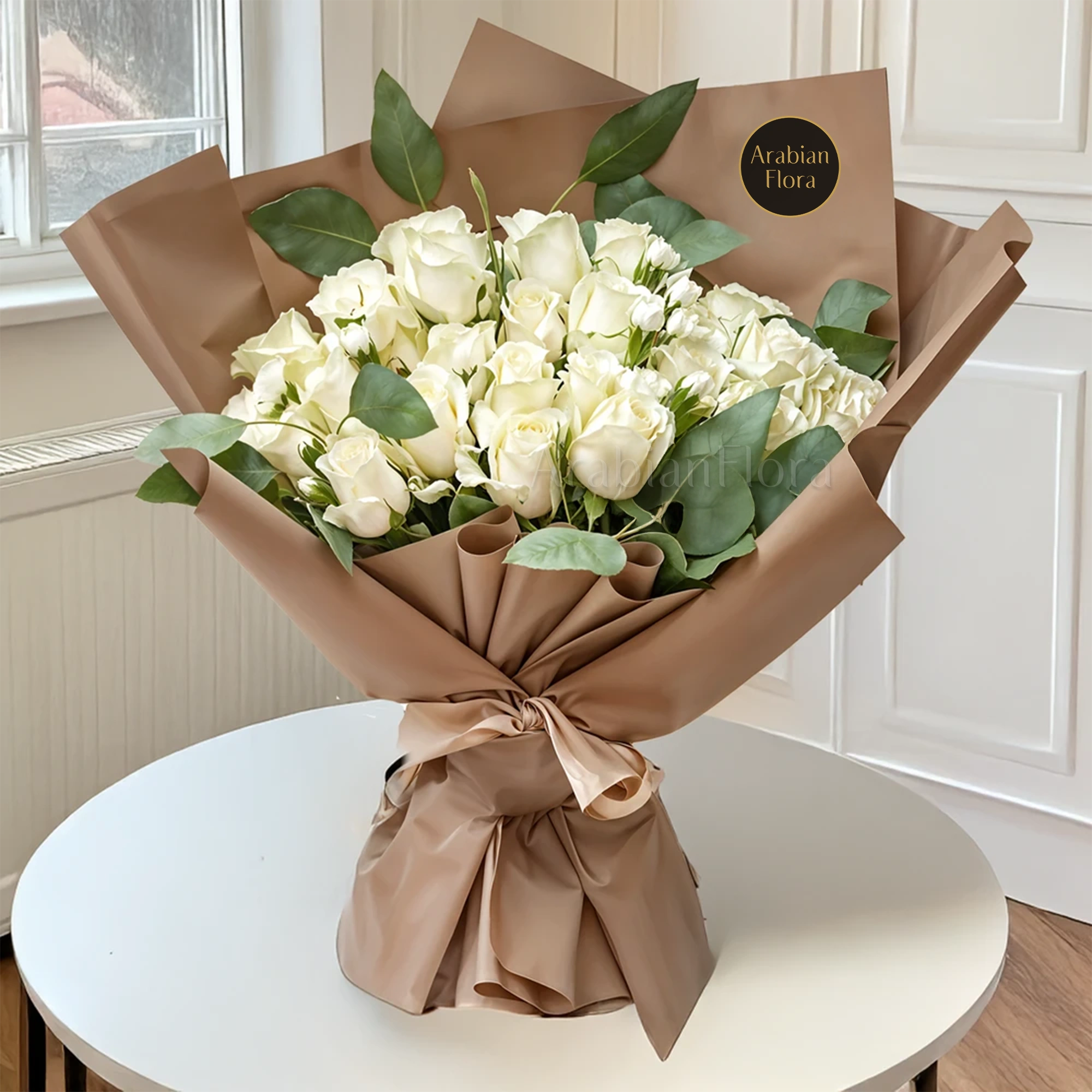 Bouquet of 20 stems of white roses with green fillers in nice wrapping