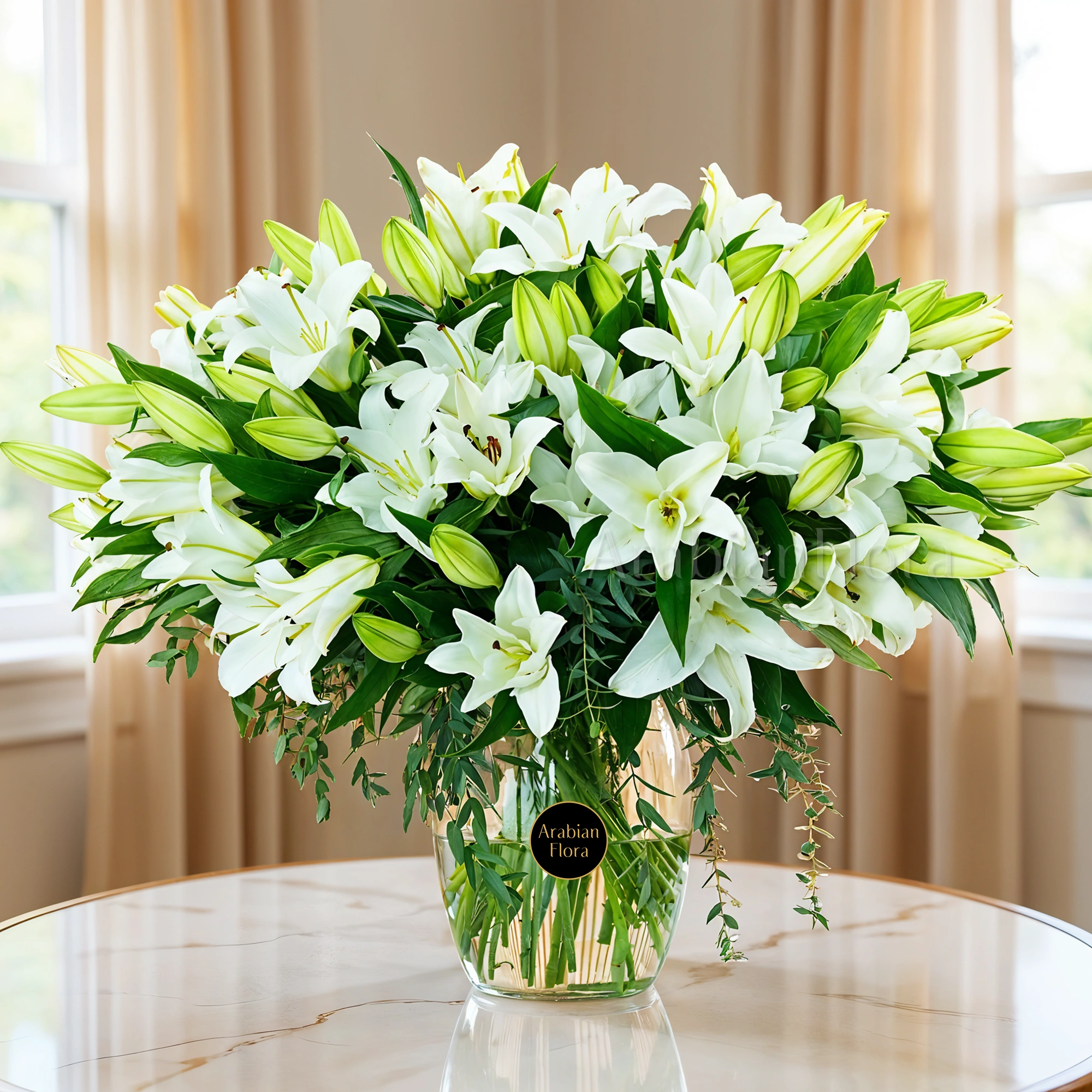 An arrangement of 20 white lilies with green fillers in a glass vase.