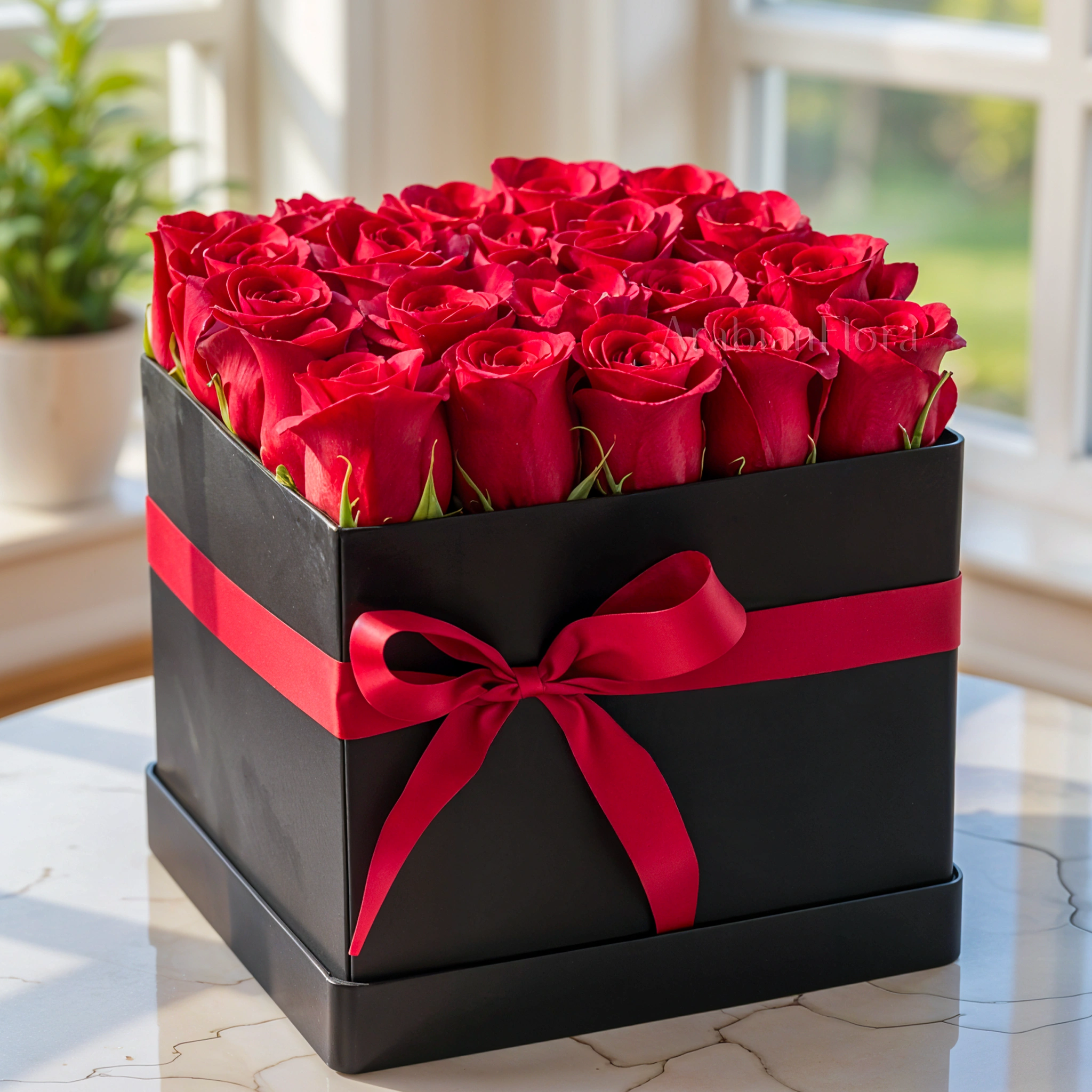 20 stems of red roses with fillers in a cube black box with a red ribbon.