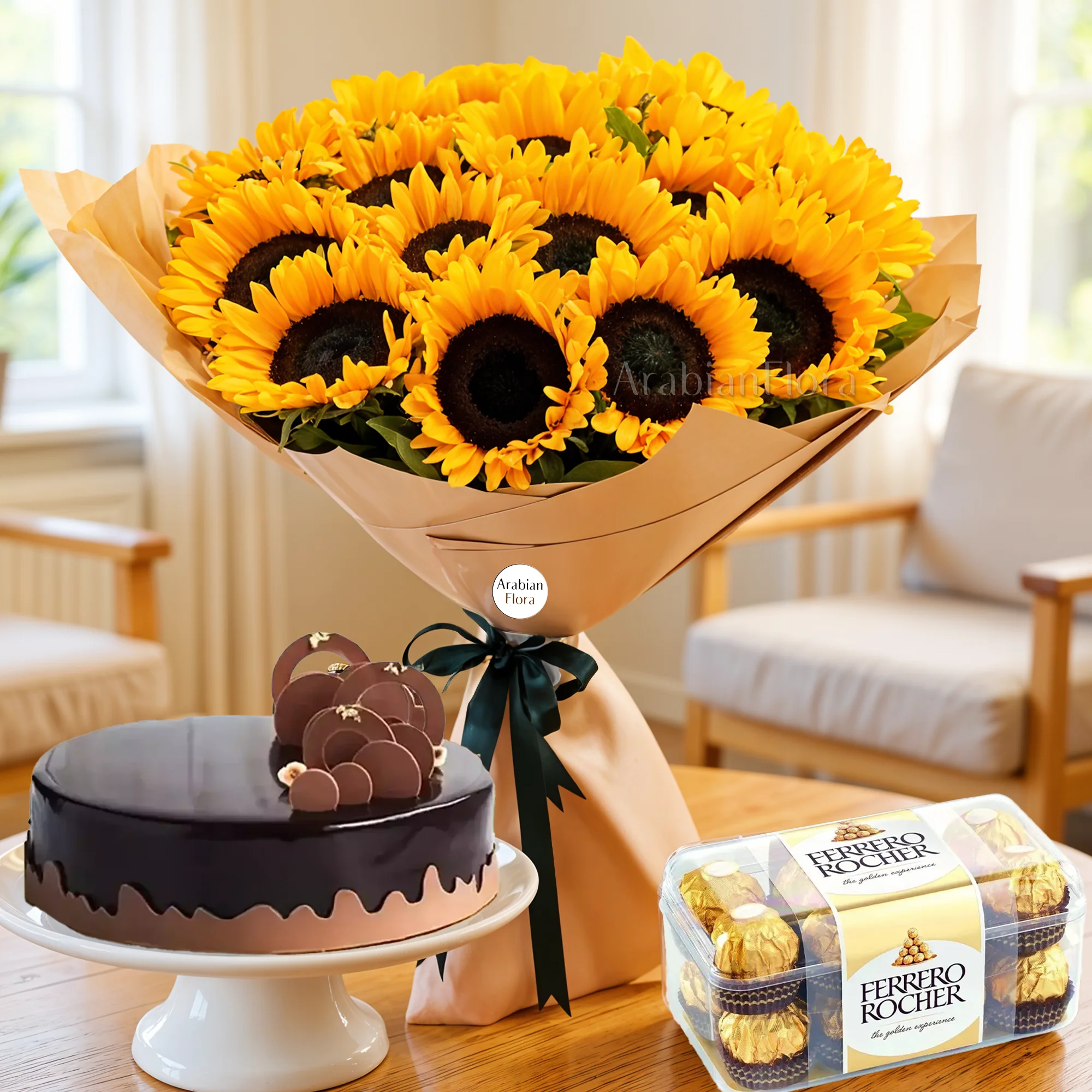 Bouquet of sunflowers, 1 kg chocolate cake, 16 pcs of ferrero rocher chocolate.
