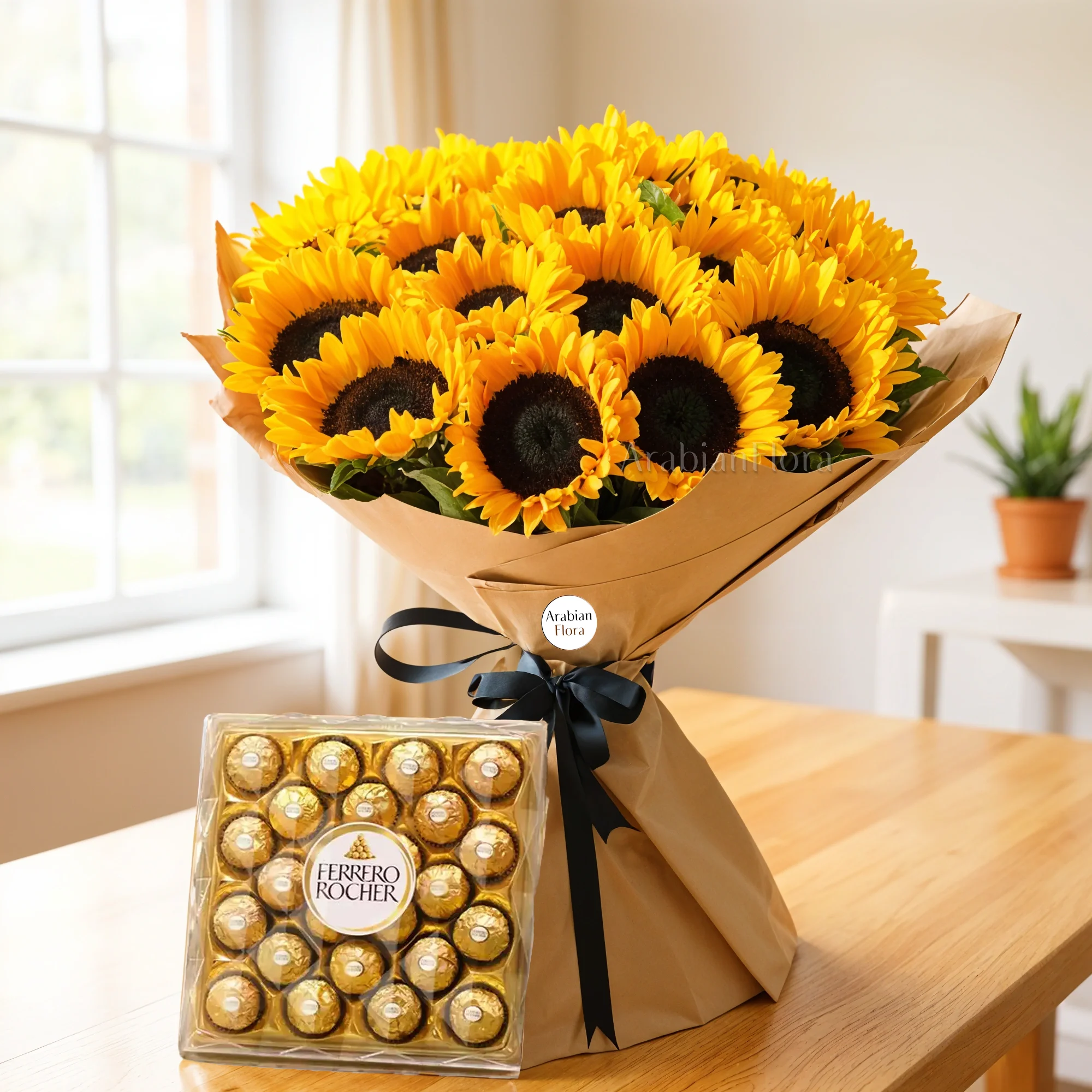 Bouquet of 20 sunflowers with fillers in brown wrapping paper and tied with ribbons and 24 pcs of ferrero rocher chocolate.