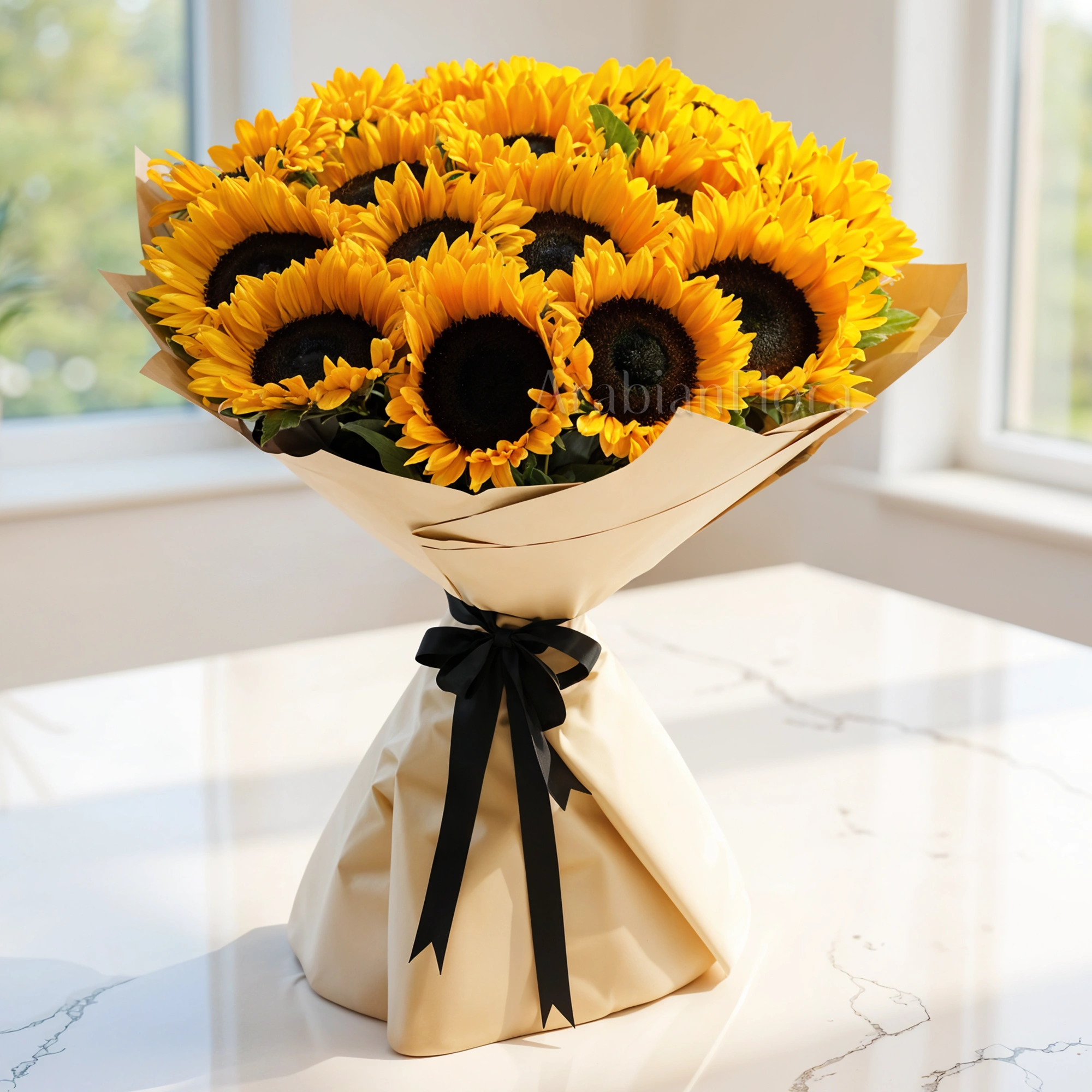 Bouquet of 20 sunflowers with fillers in brown wrapping paper and tied with ribbons.