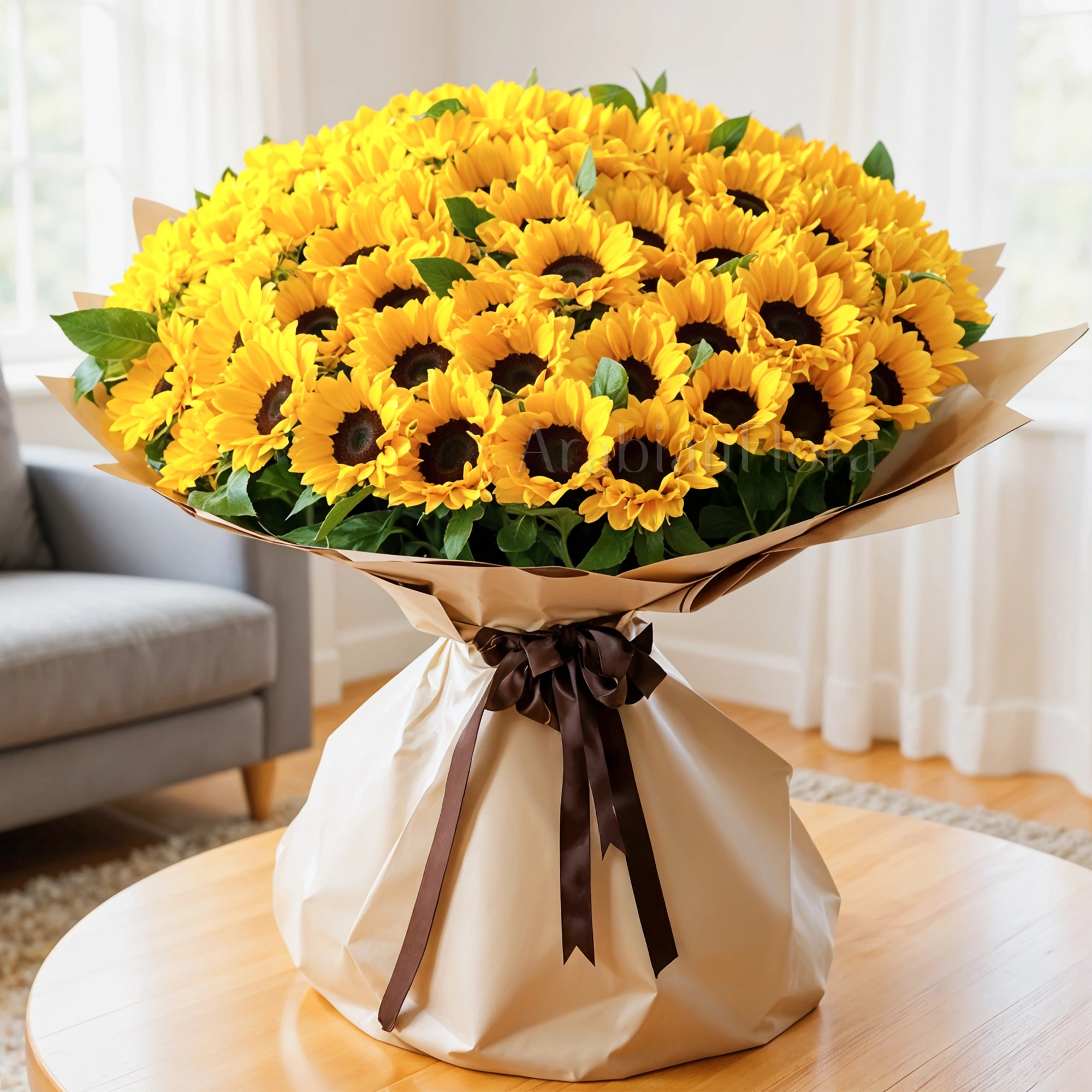 Bouquet of 70 sunflowers with fillers in brown paper packing and tied with ribbons.