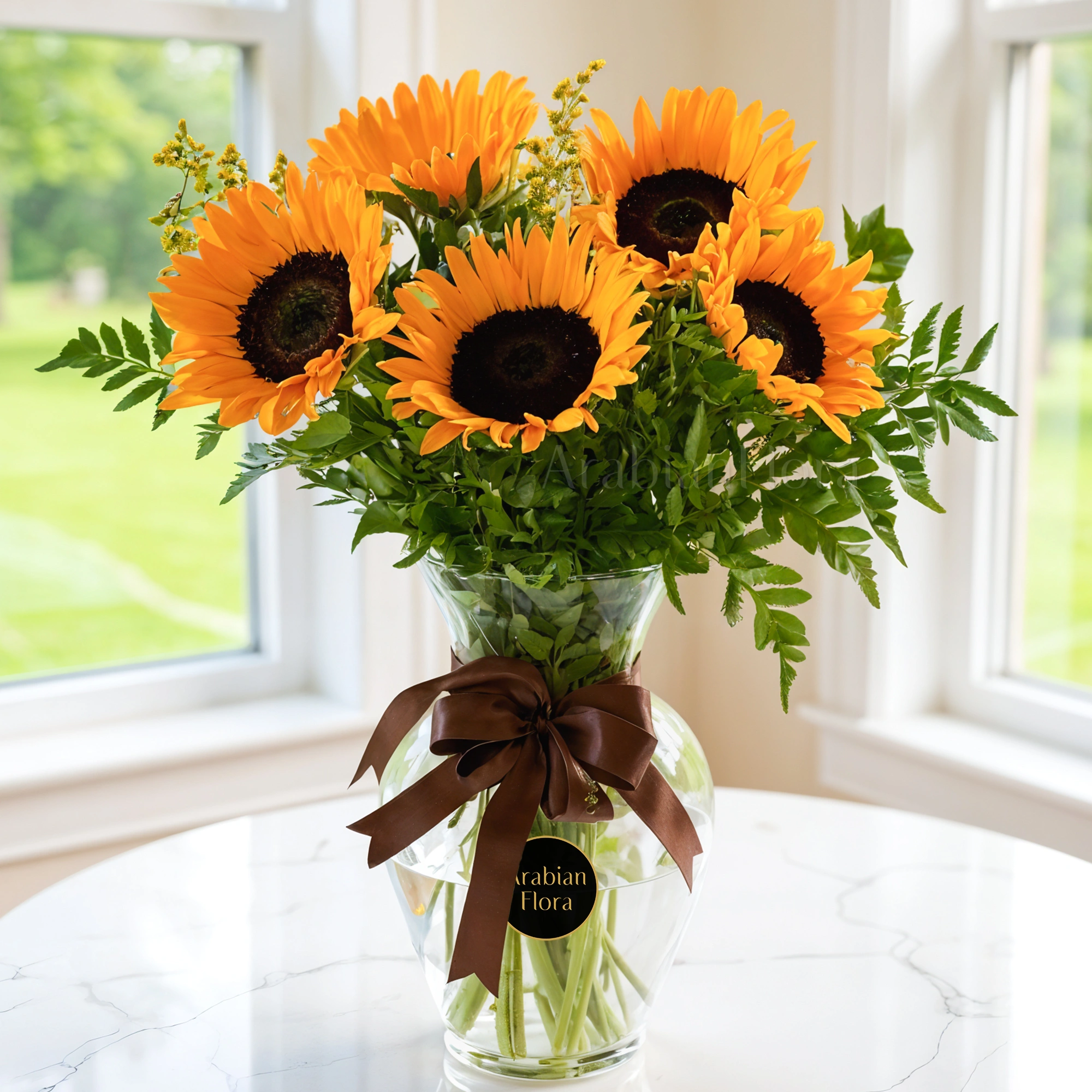5 stems of sunflowers with fillers in a glass vase.