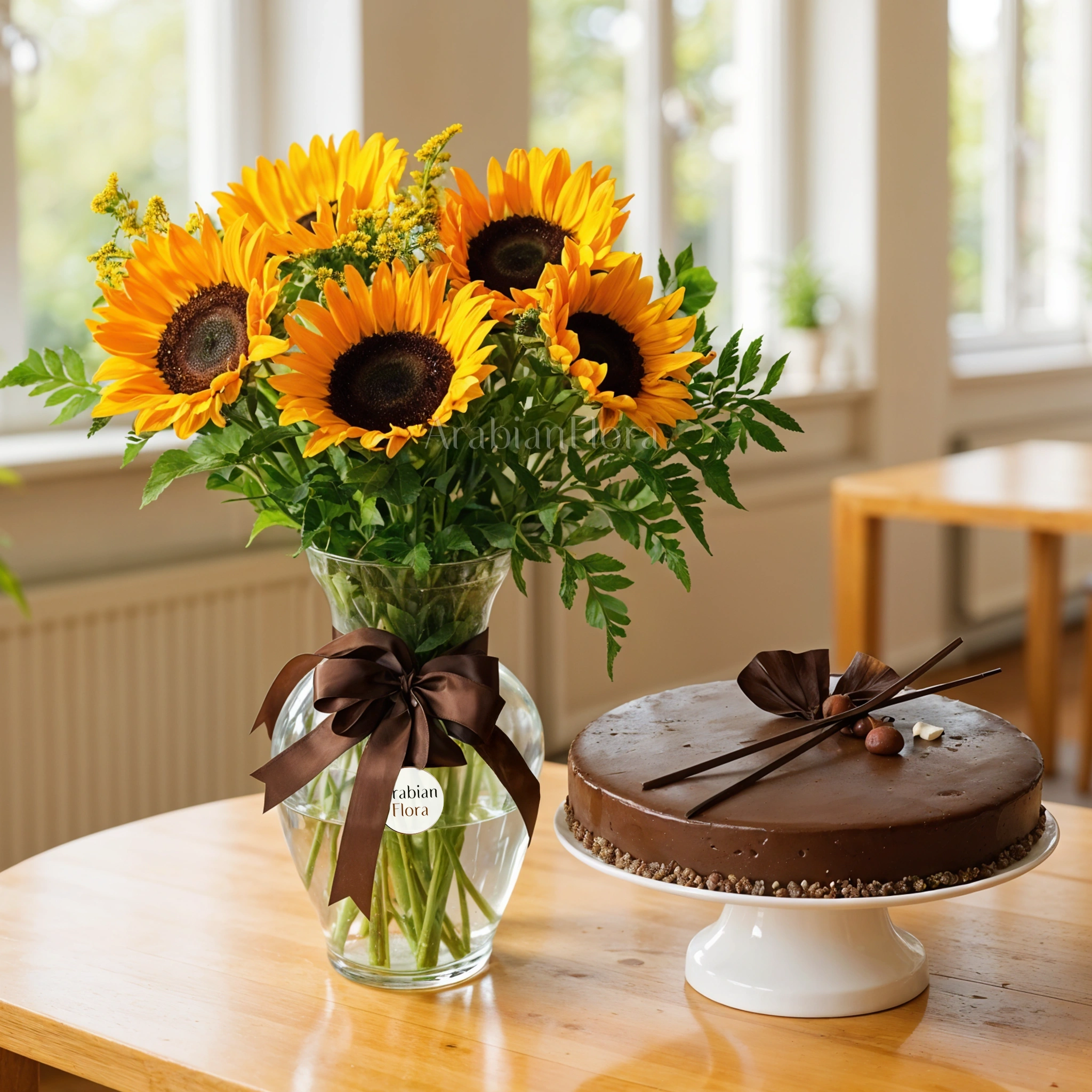 5 sunflowers with green fillers in a glass vase with 1 kg chocolate cake.