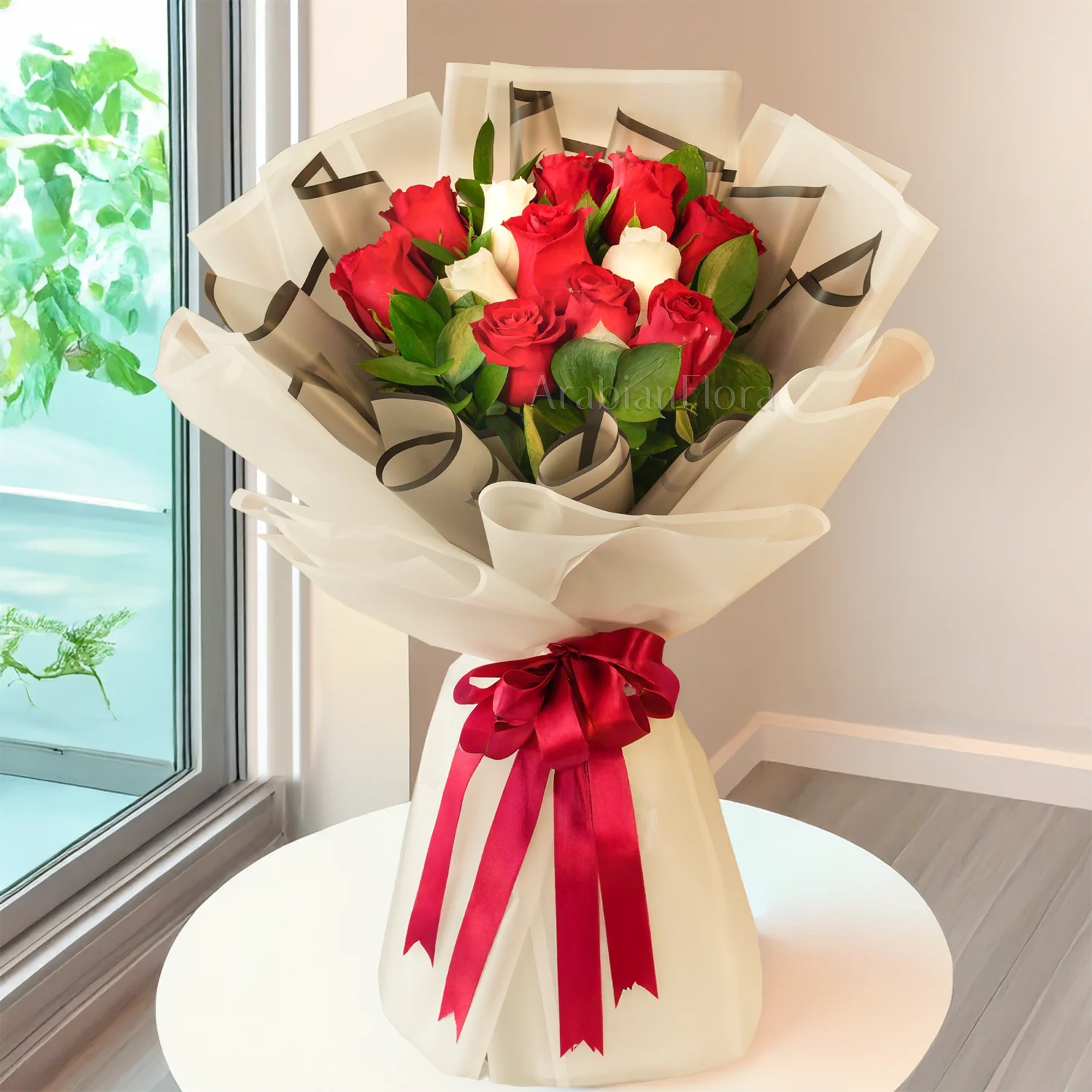 Bouquet, red roses, white roses, red ribbons.