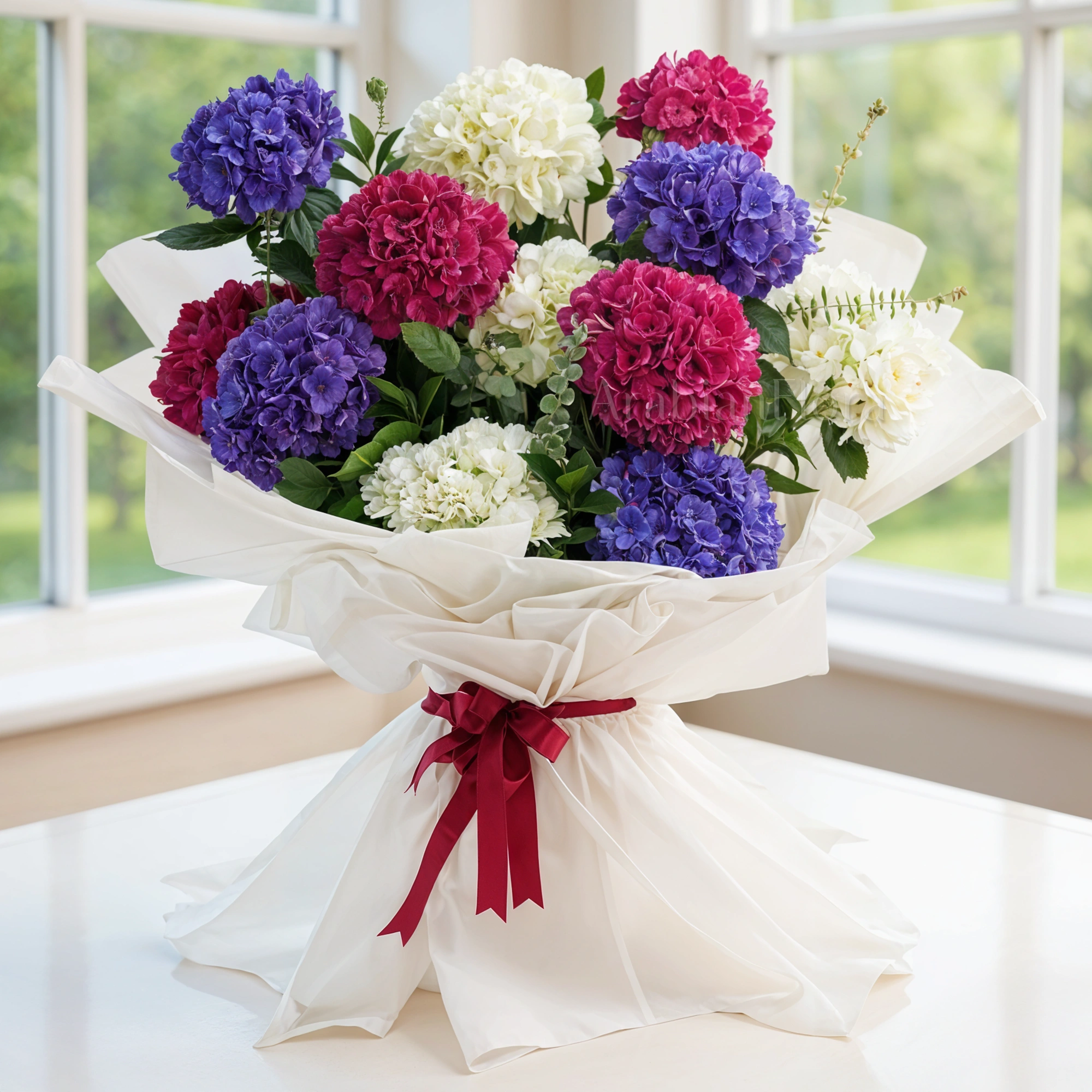 Bouquet of 4 red hydrangeas, 4 white hydrangeas and 4 purple hydrangeas with fillers in white paper packing with ribbons.