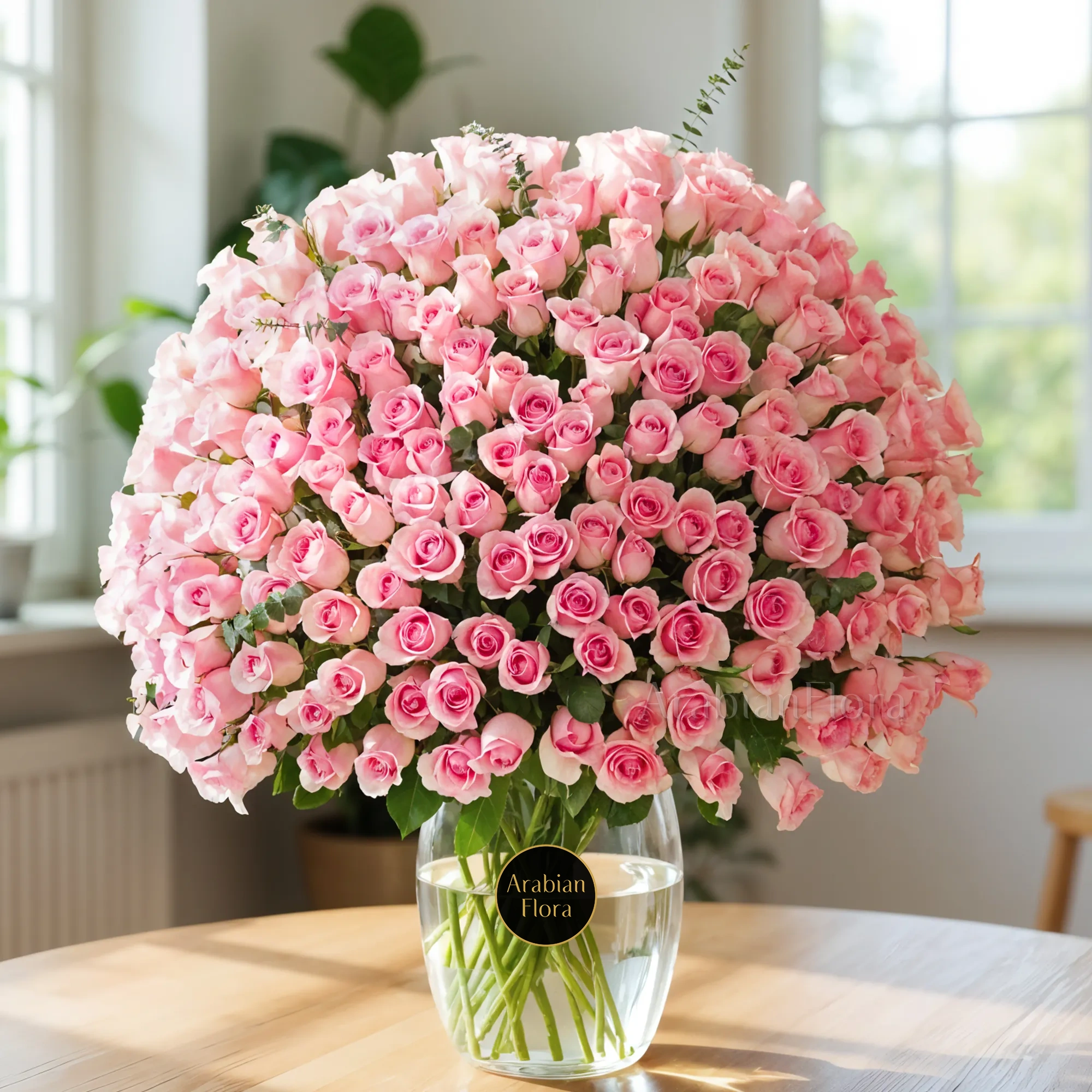 A vase with 200 pink roses with green fillers.