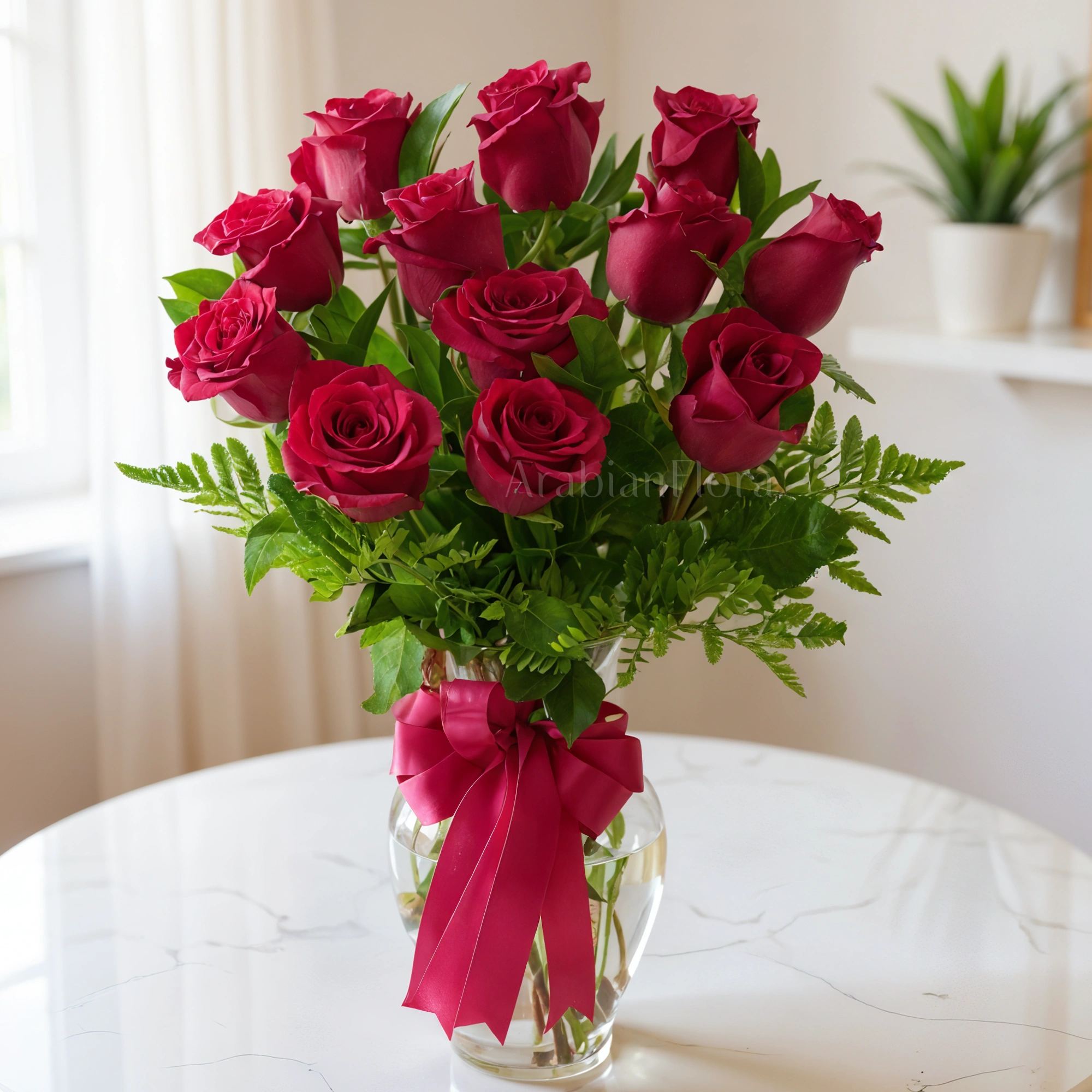 Glass vase of 12 Red Roses with fillers