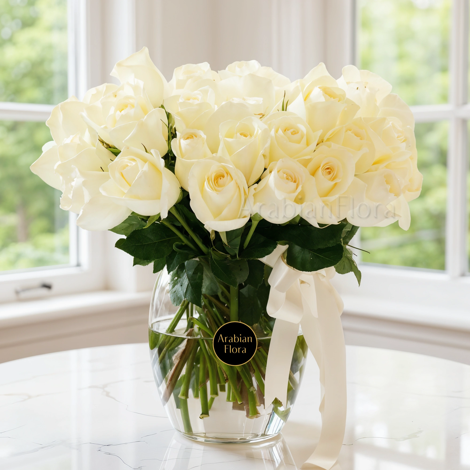 White roses, glass vase