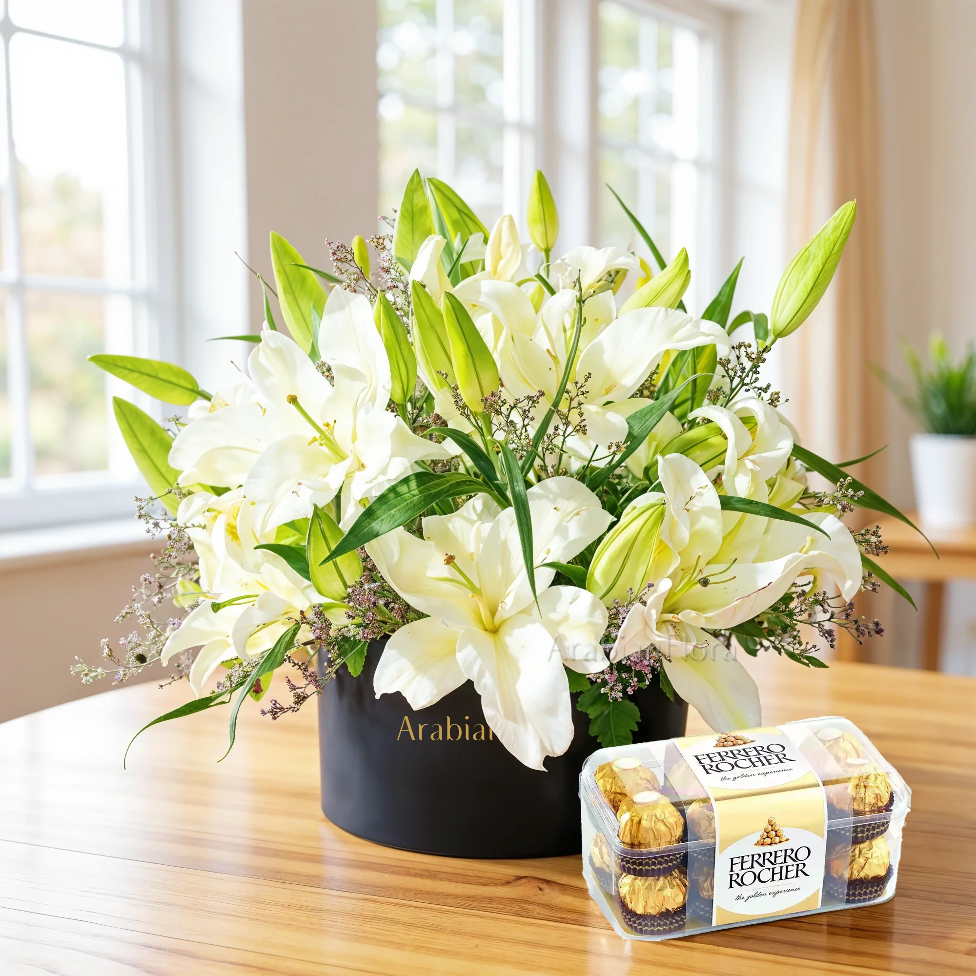 Box arrangement of 6 White Lilies with limonium and green fillers and 16 pcs of ferrero rocher chocolate.