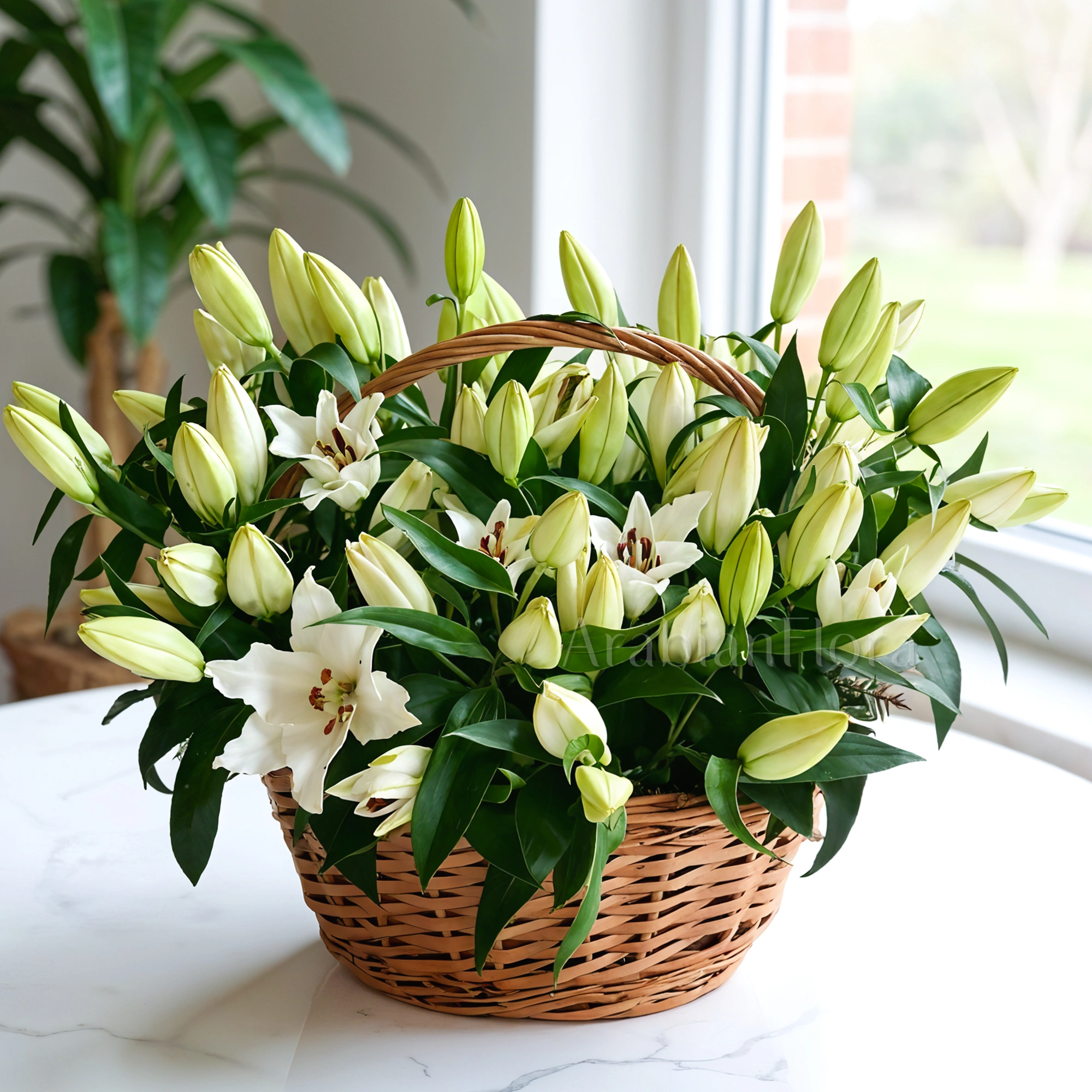 20 stems of white lilies with fillers in a handle basket