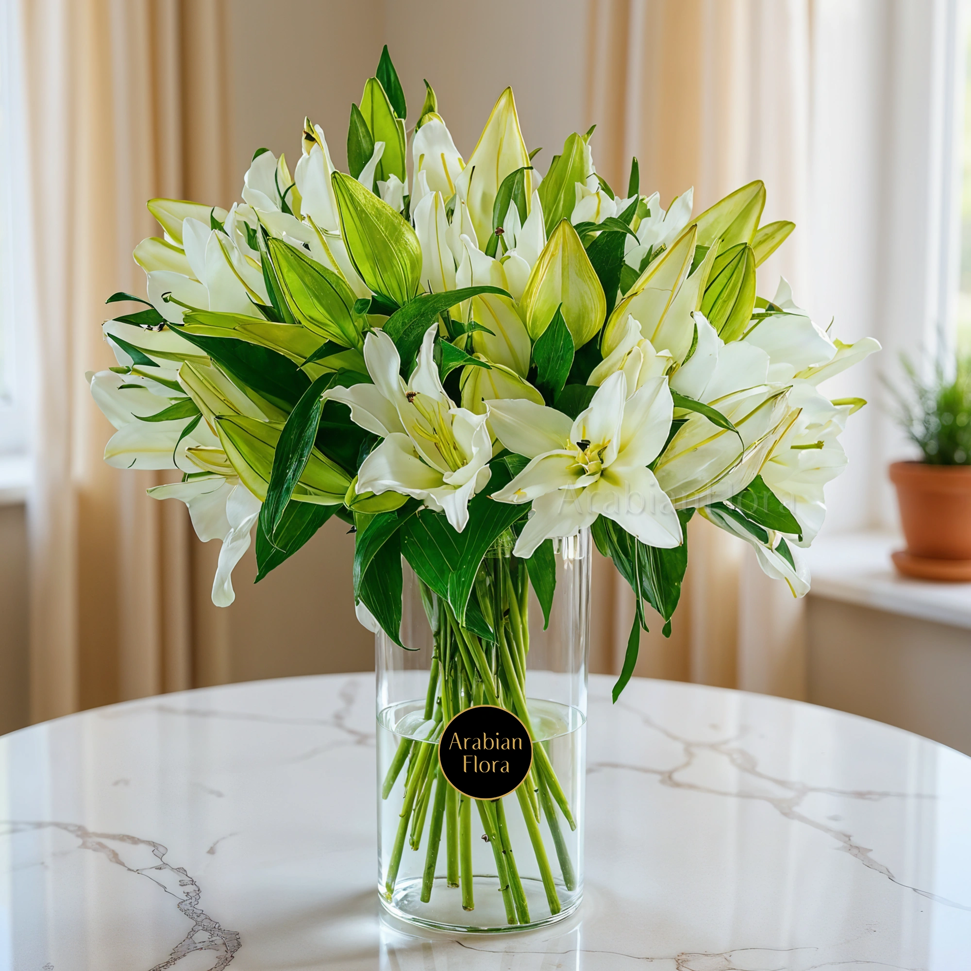 15 stems of white lilies with green fillers in a glass vase.