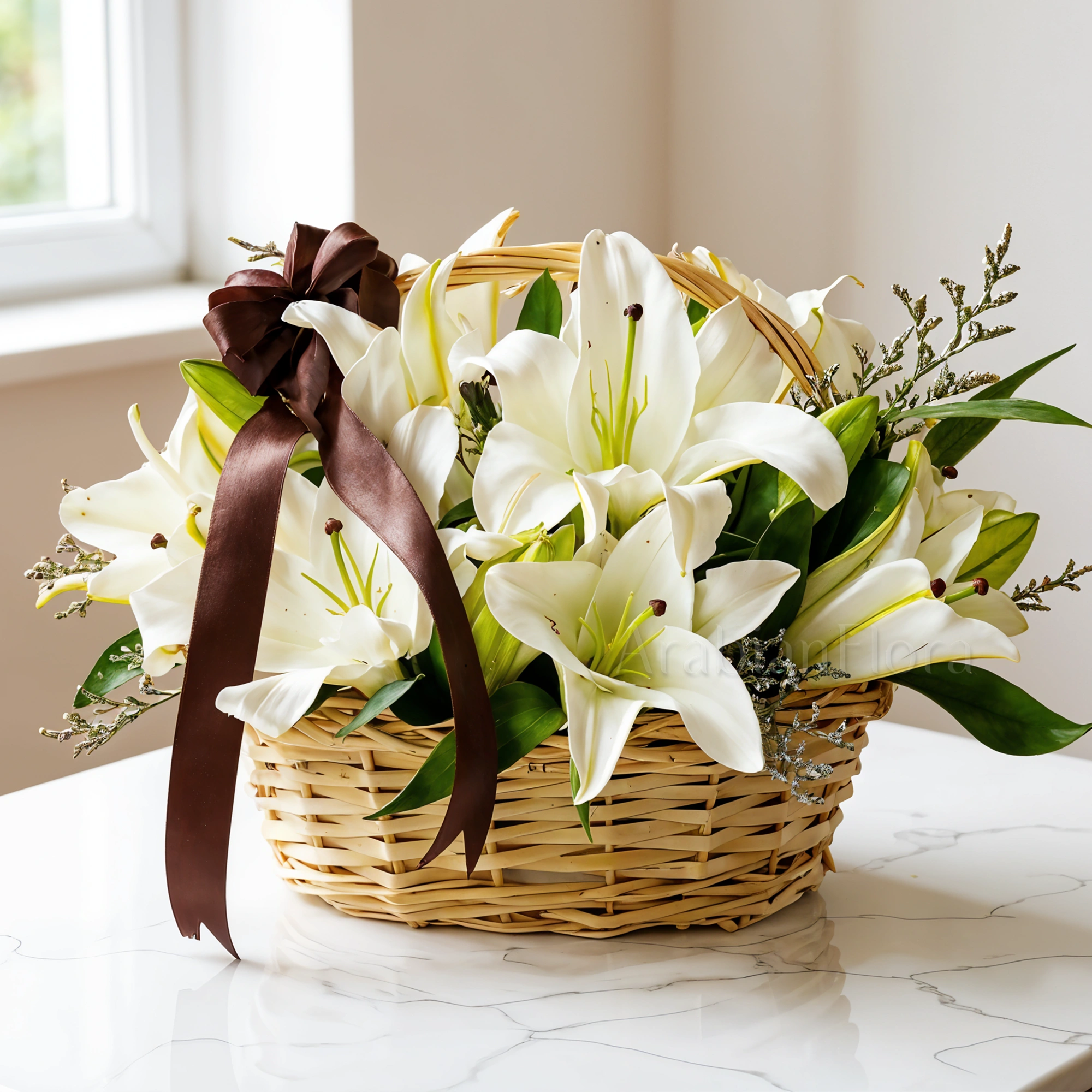 Arrangement of 5 white lilies with limonium fillers in a basket.