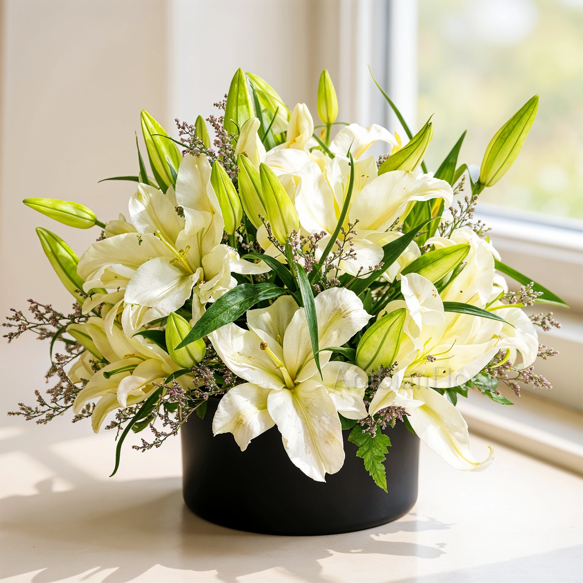 An arrangement of 6 White Lilies with limonium and green fillers in a black box